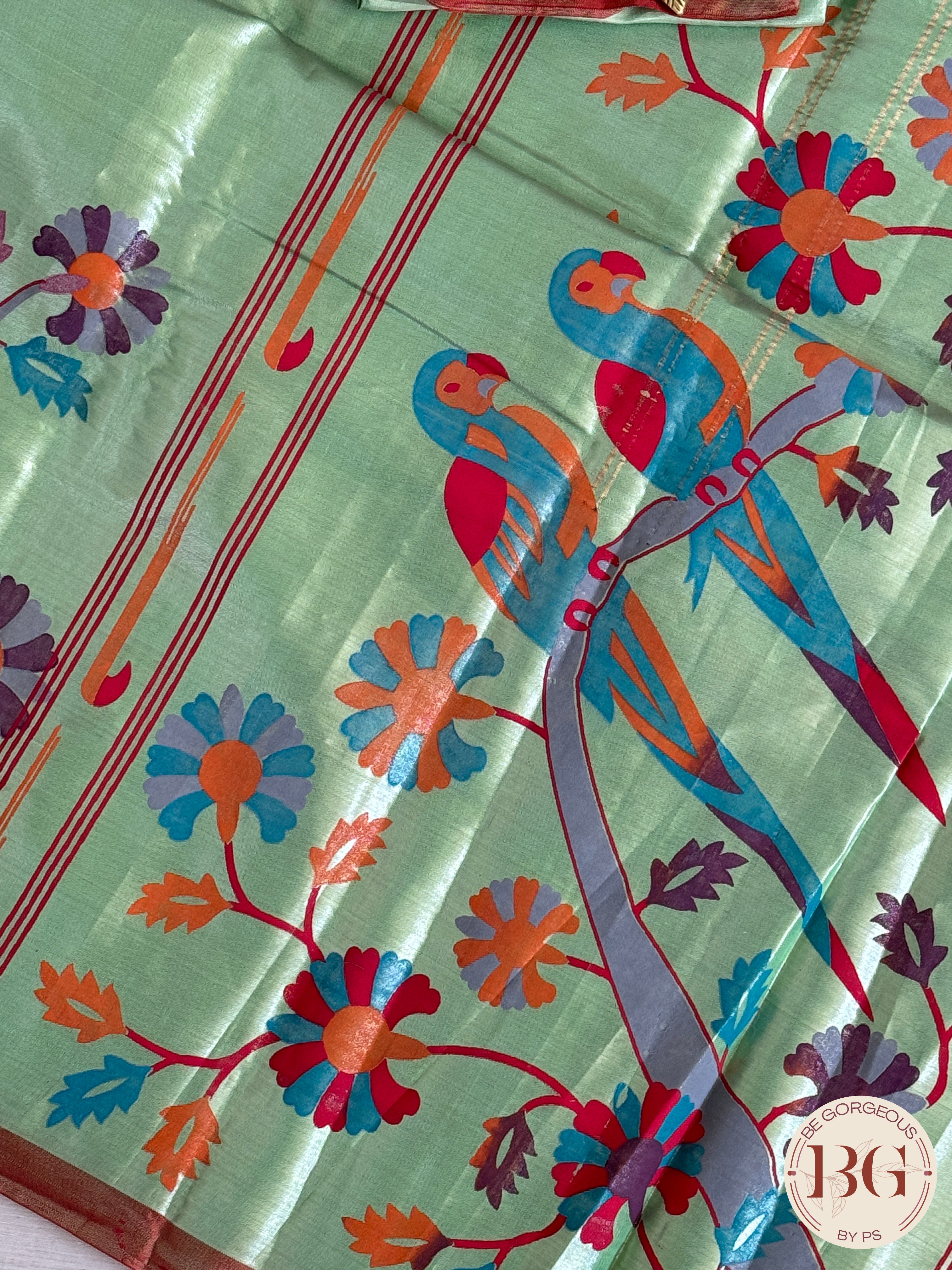 Kanjeevaram tissue kalamkari pure silk saree - parrot motifs - green