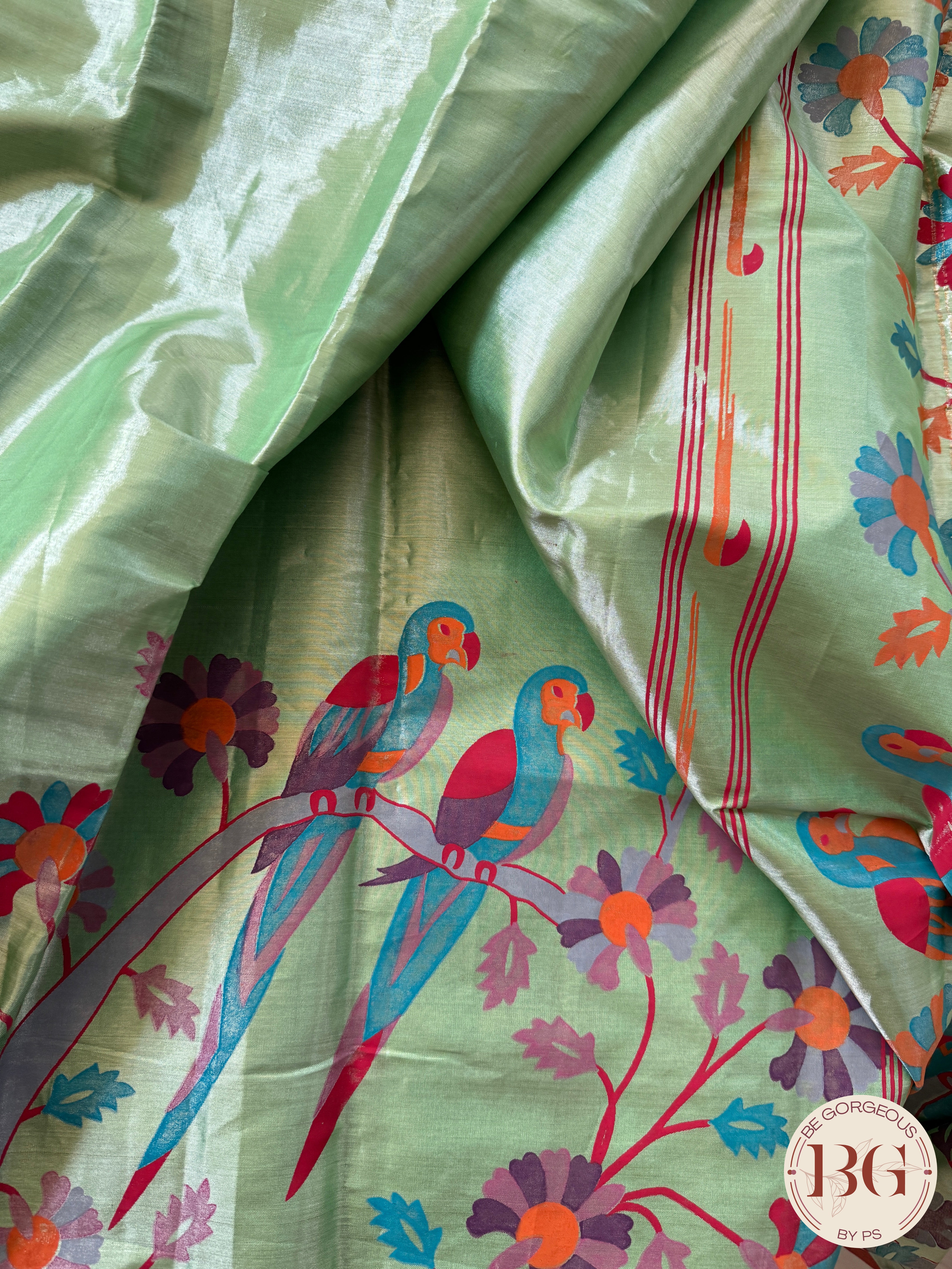 Kanjeevaram tissue kalamkari pure silk saree - parrot motifs - green