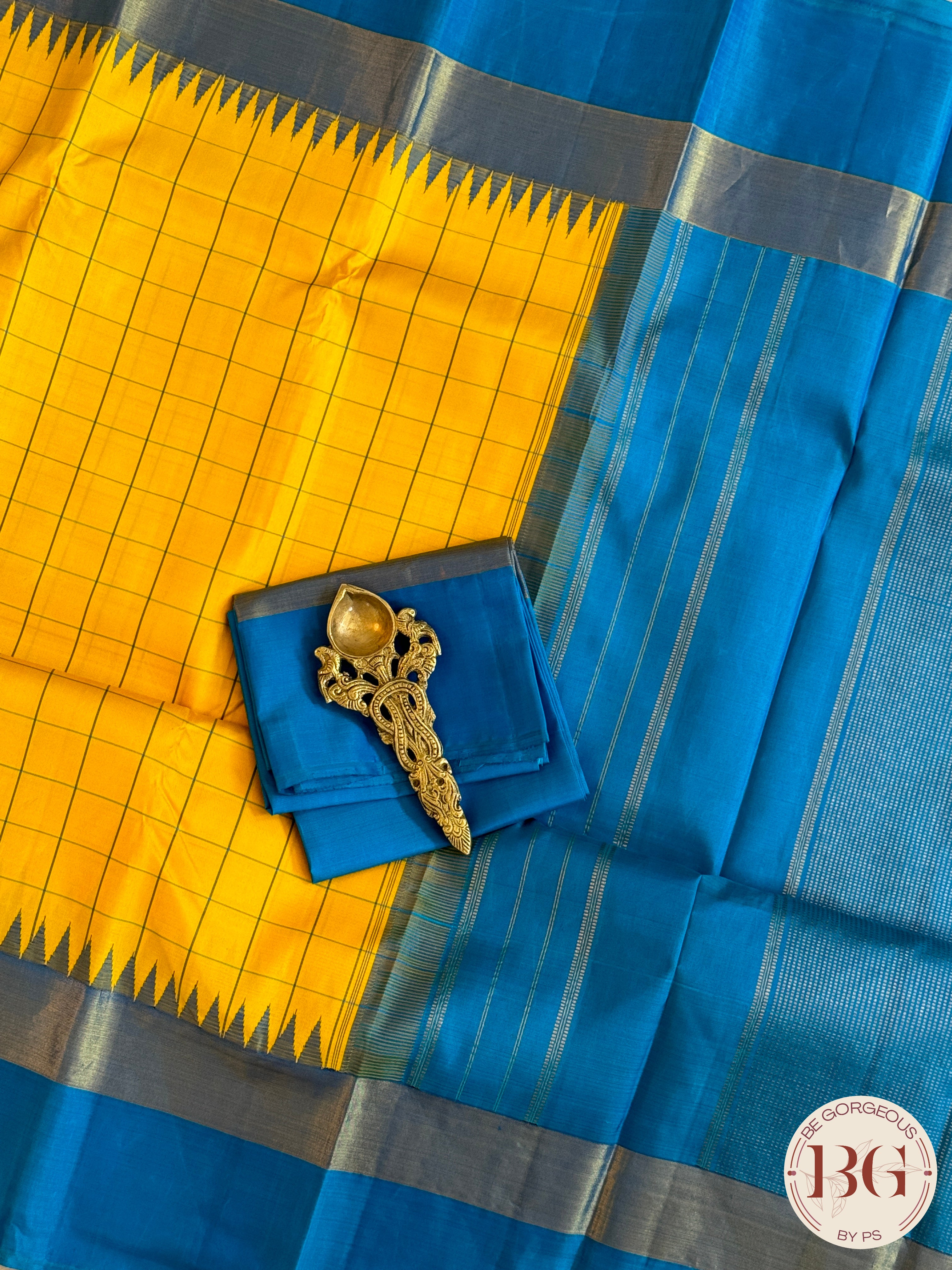 Kanjeevaram pure silk handloom saree - yellow blue big checker