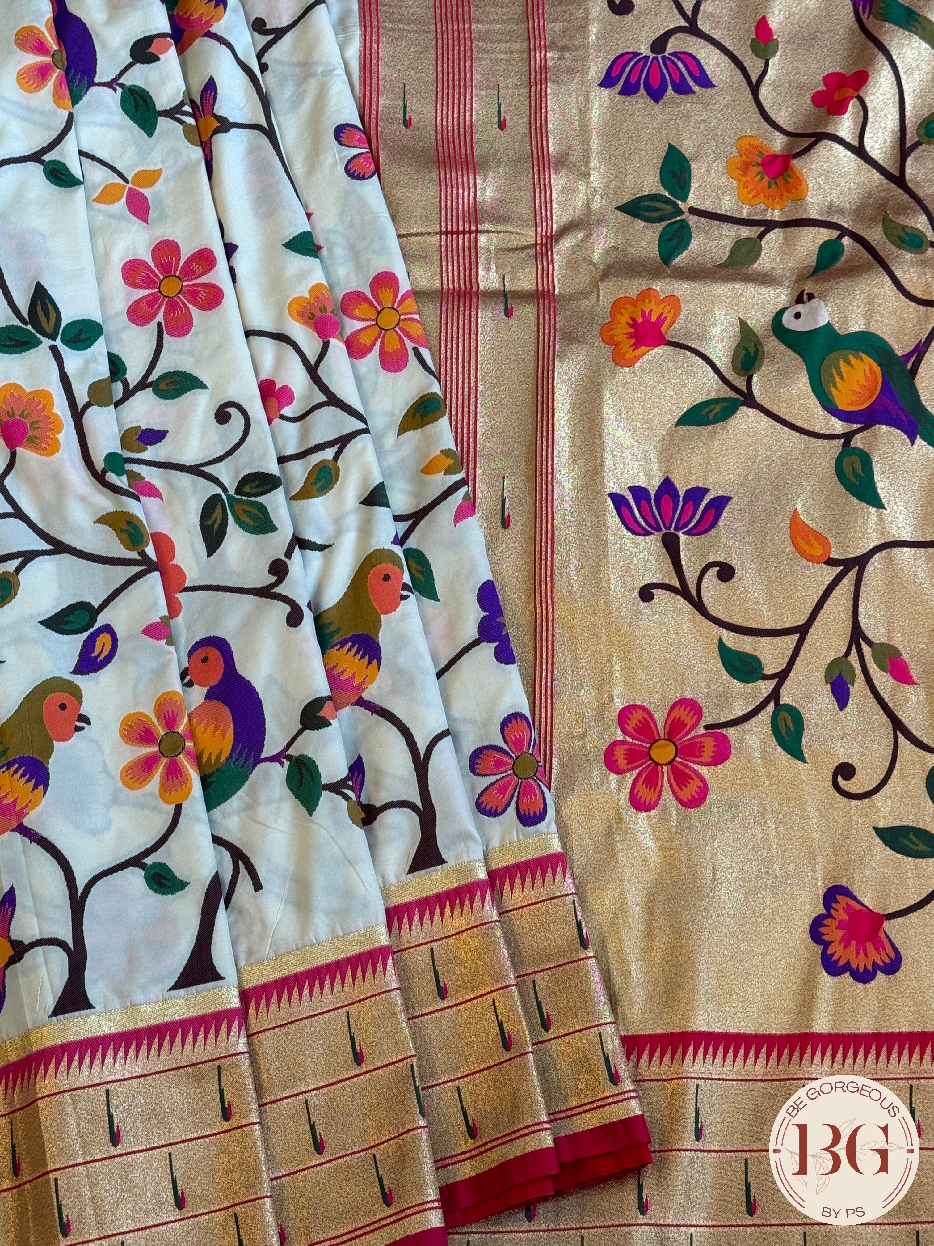Paithani inspired woven saree on silk - white