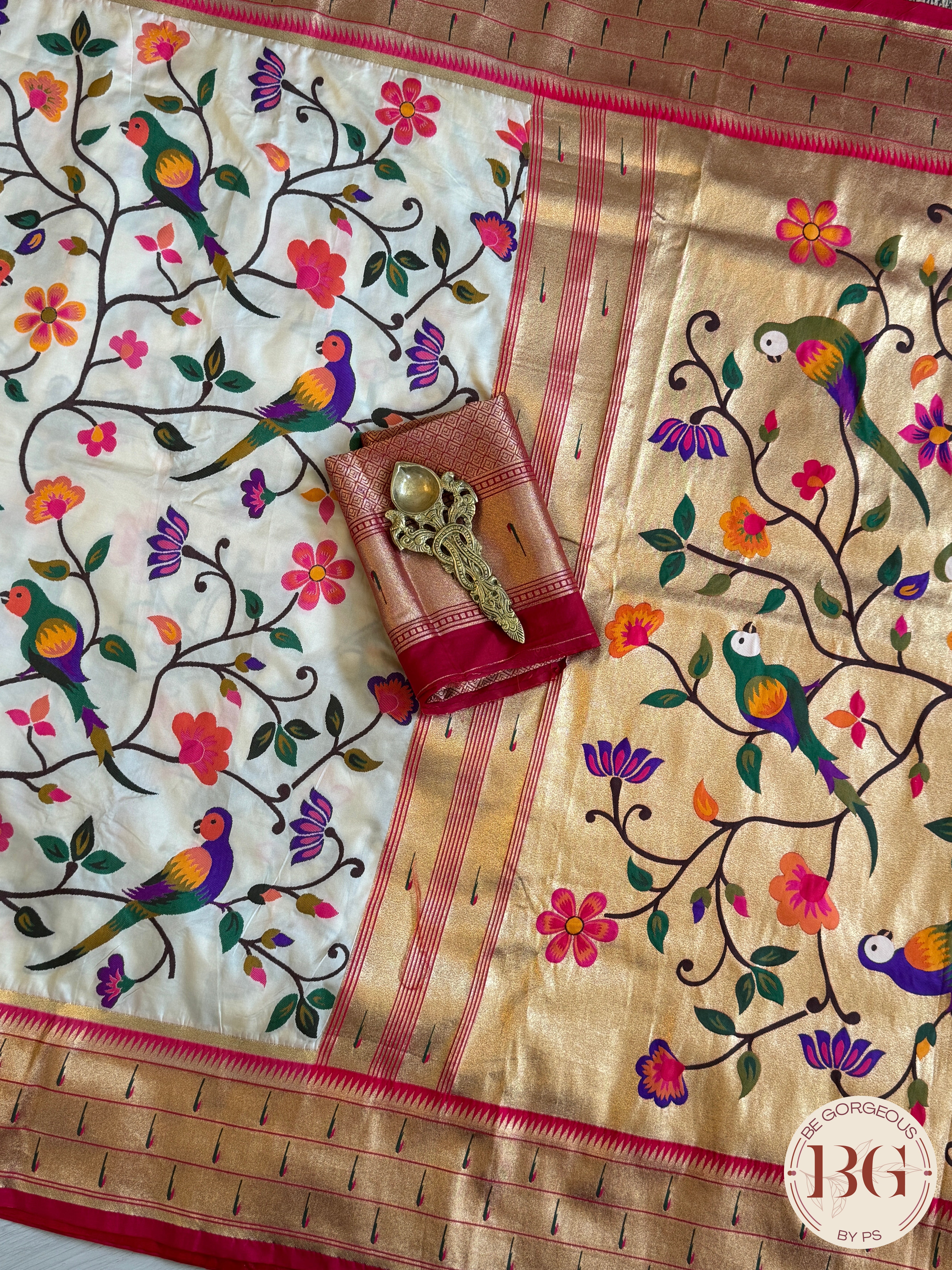 Paithani inspired woven saree on silk - white