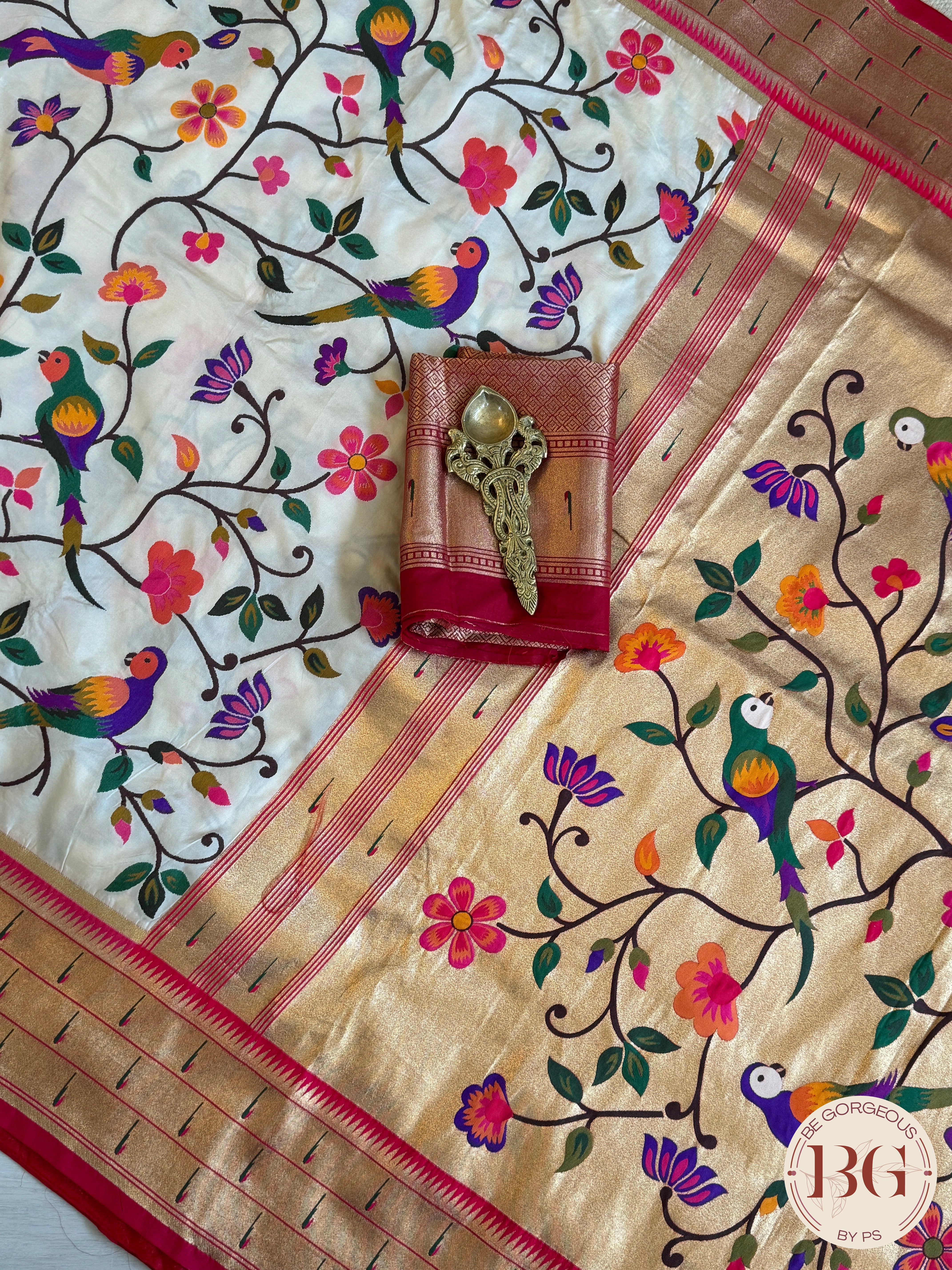 Paithani inspired woven saree on silk - white