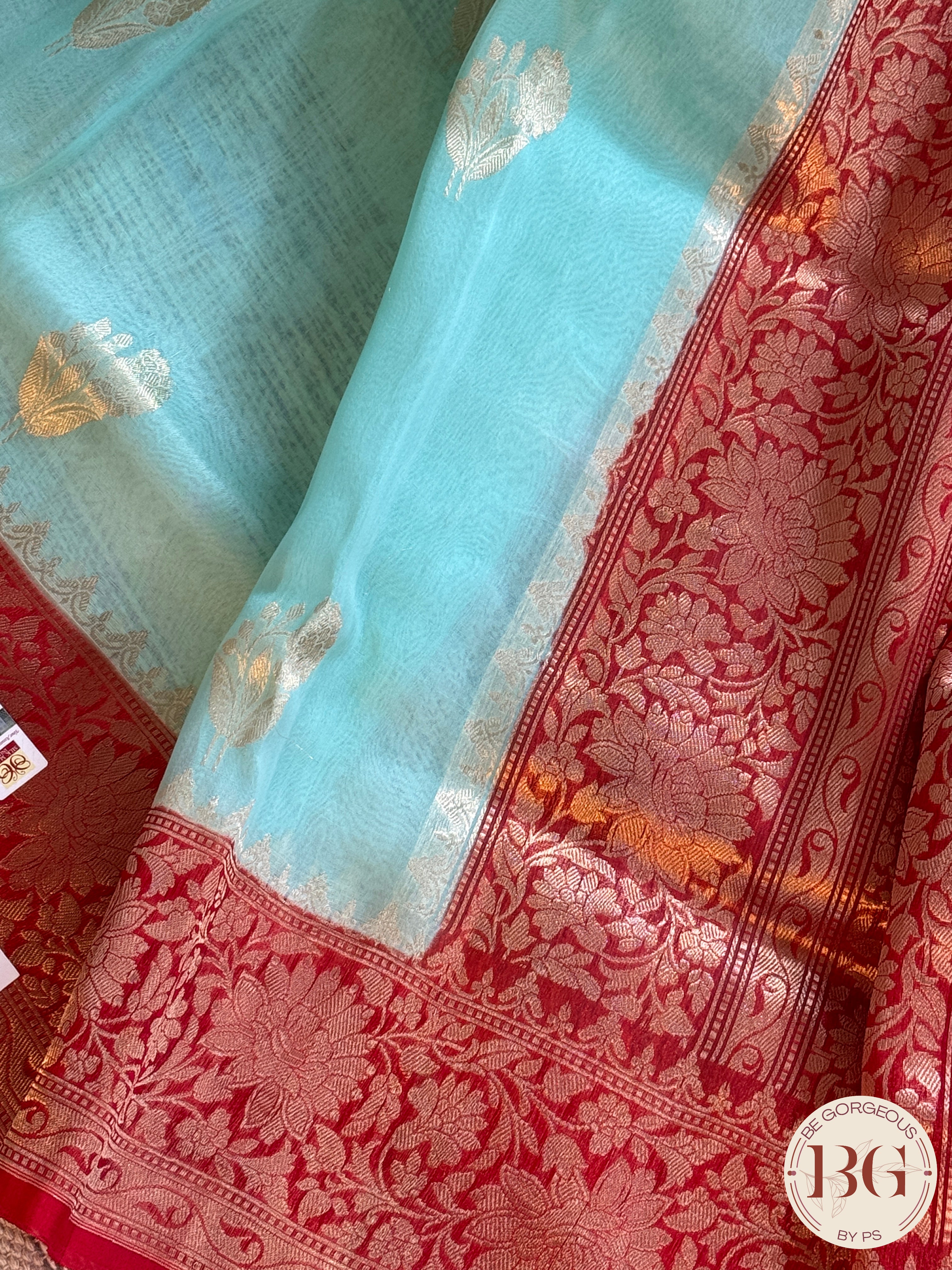 Banarasi Handloom Kora Organza Silk Saree - Silk mark certfied - Green Blue