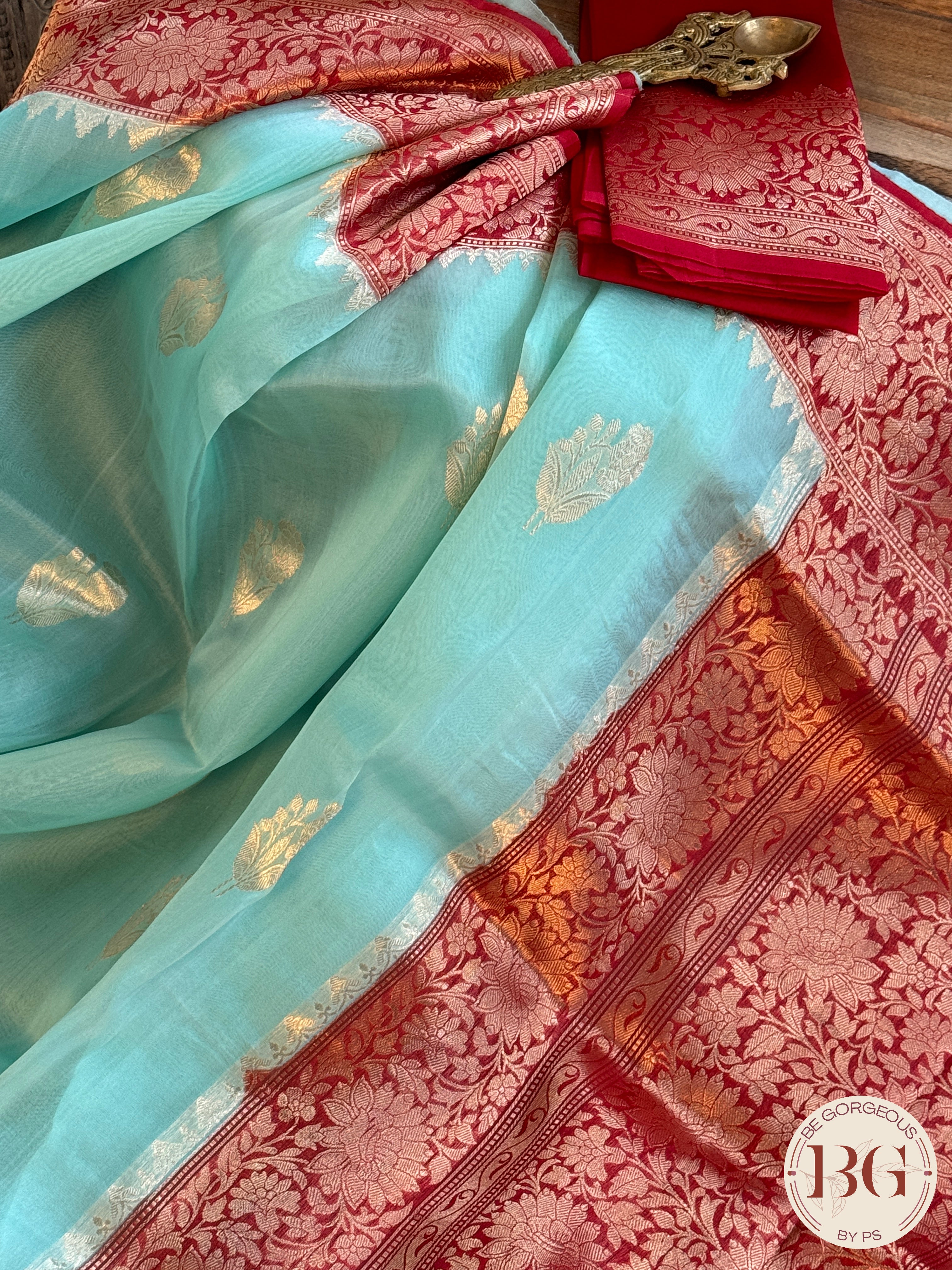 Banarasi Handloom Kora Organza Silk Saree - Silk mark certfied - Green Blue