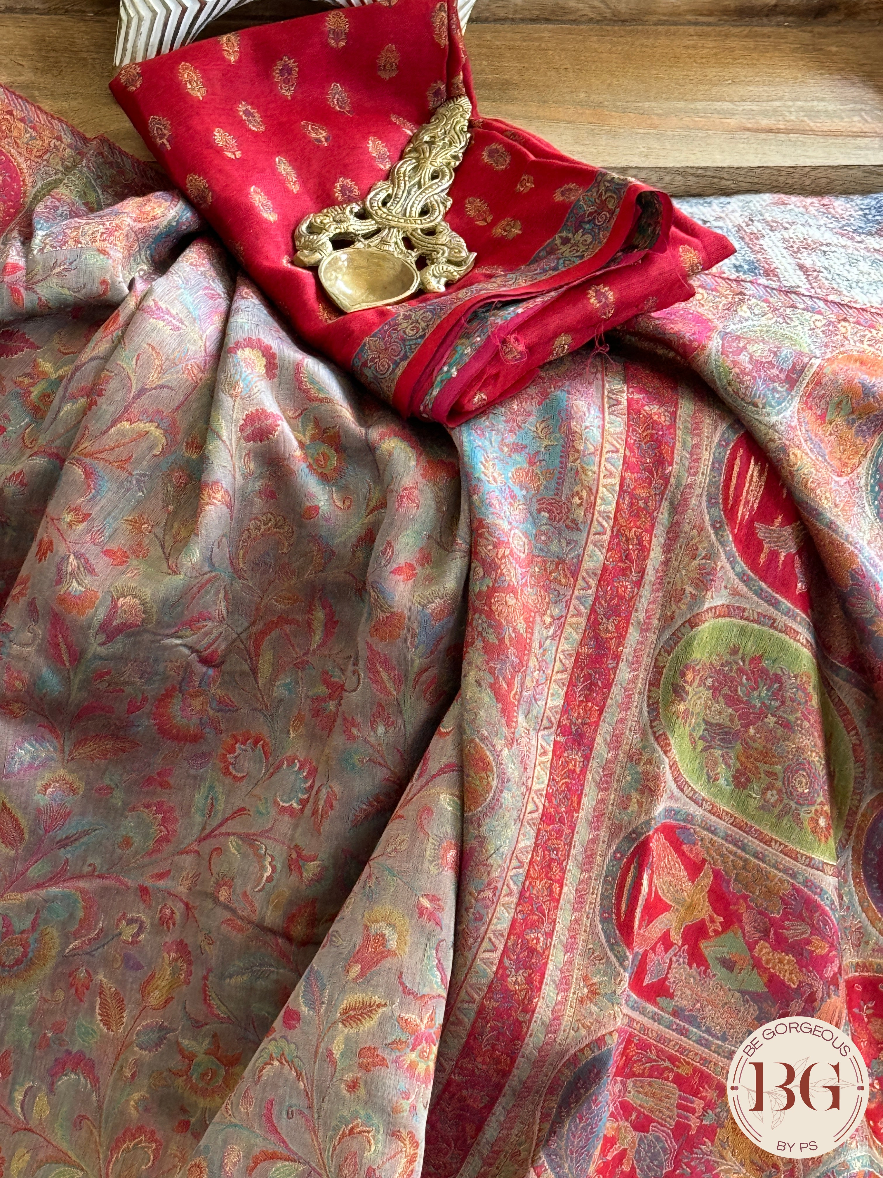 Kani Pure Kashmiri Silk Saree with flowers - cream