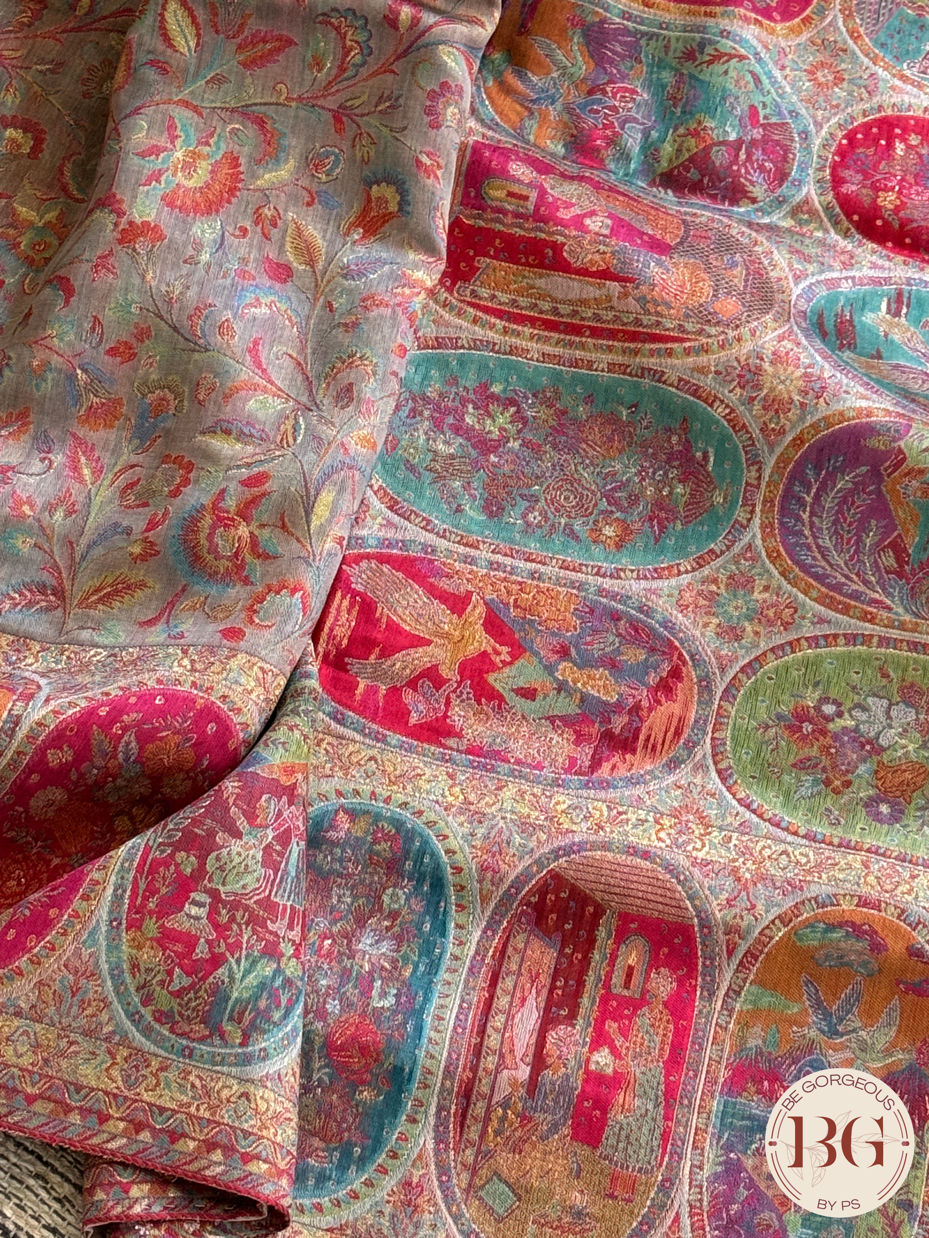 Kani Pure Kashmiri Silk Saree with flowers - cream