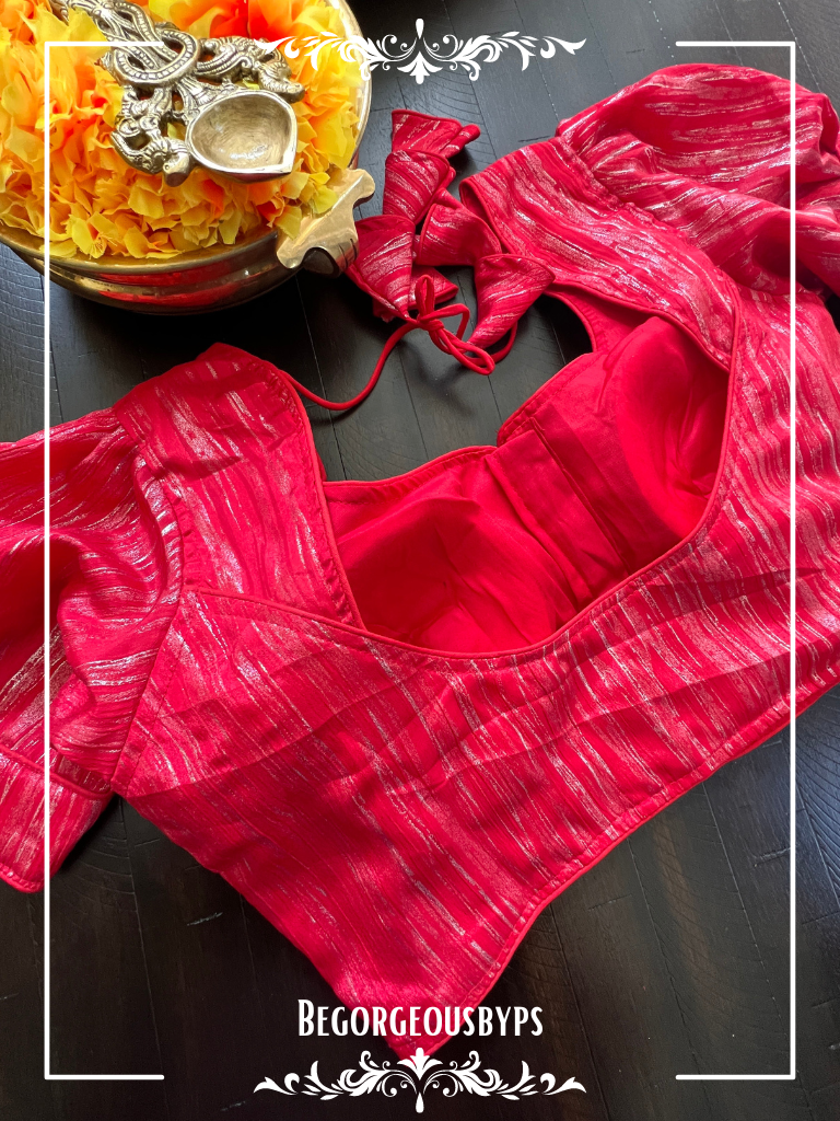 Foil work Raw Silk PuffSleeves Blouse blouse color - red