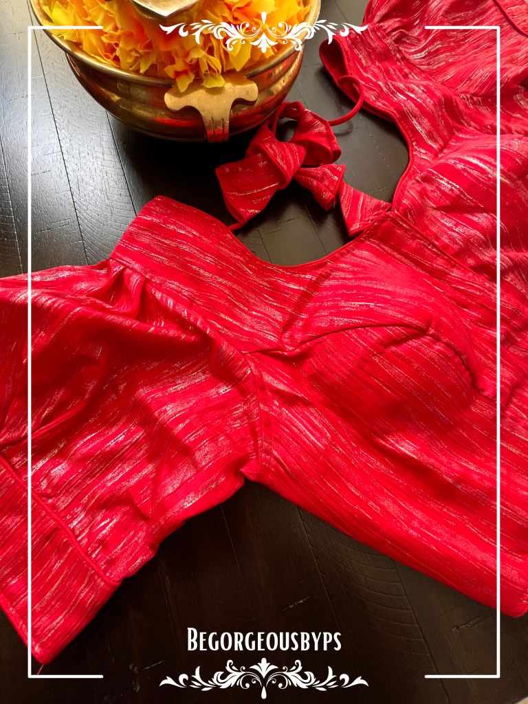 Foil work Raw Silk PuffSleeves Blouse blouse color - red