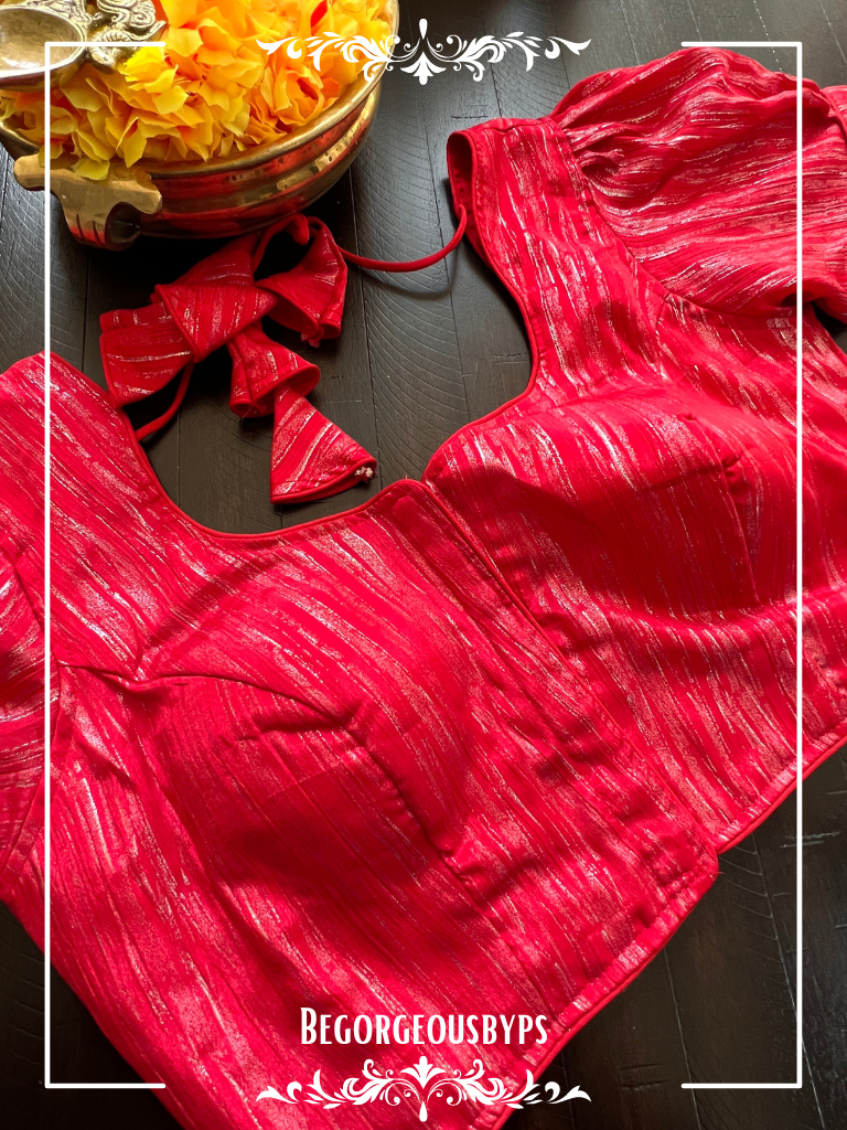 Foil work Raw Silk PuffSleeves Blouse blouse color - red