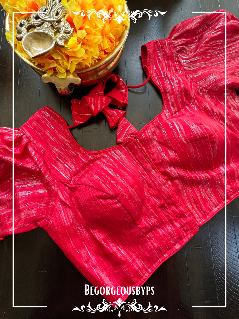 Foil work Raw Silk PuffSleeves Blouse blouse color - red
