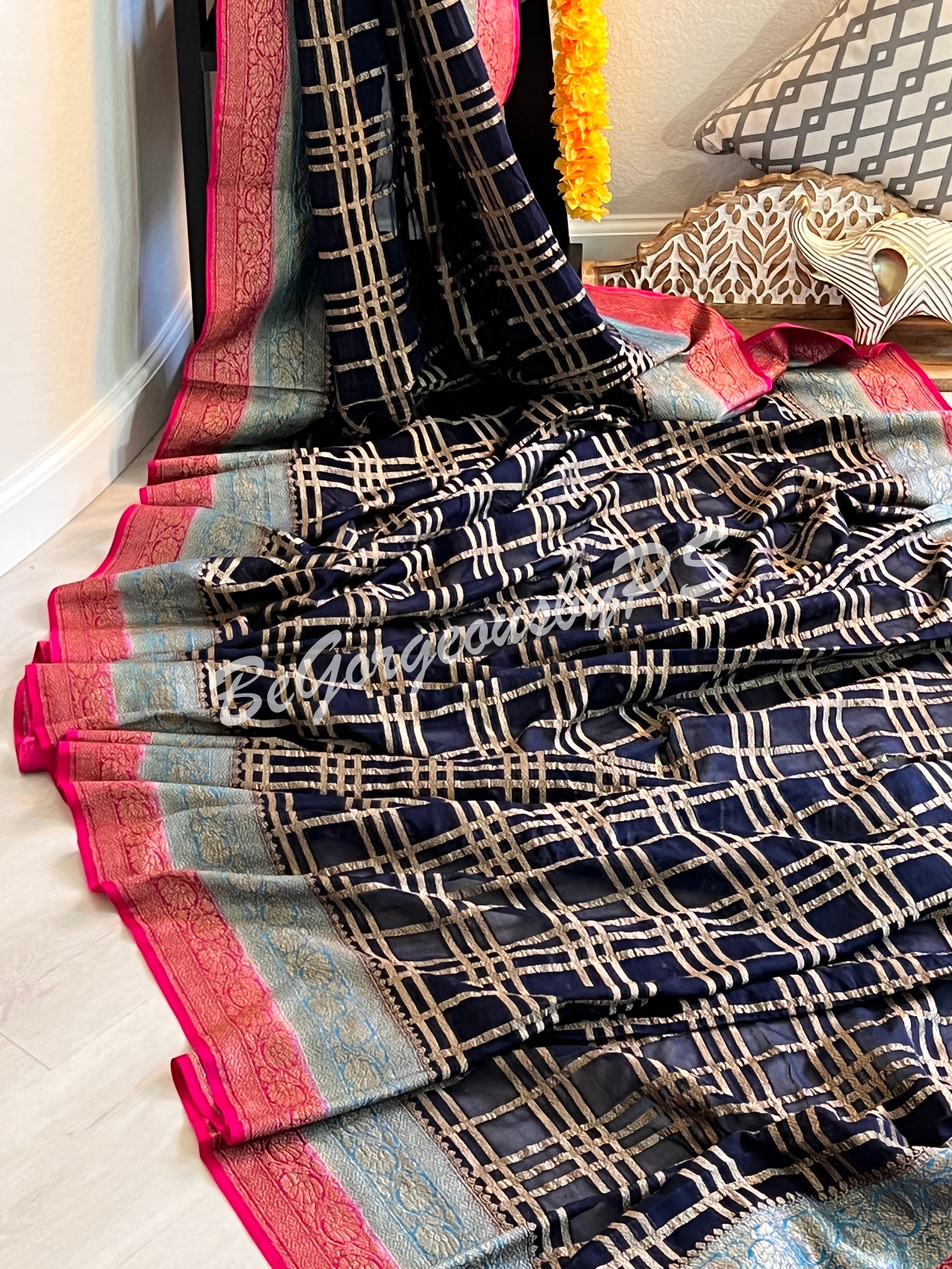 Banarasi Khaddi georgette silk with antique zari and stitched blouse - navy blue