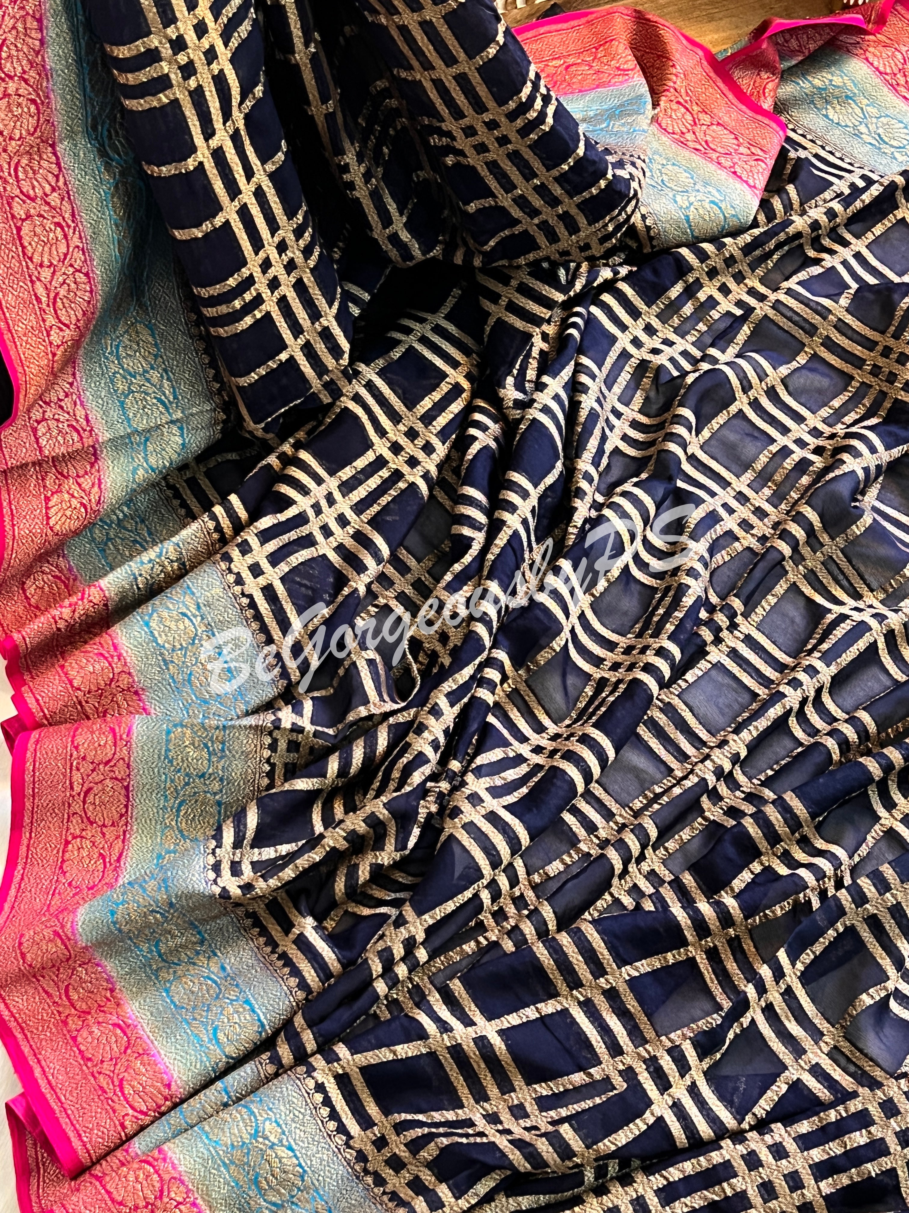 Banarasi Khaddi georgette silk with antique zari and stitched blouse - navy blue