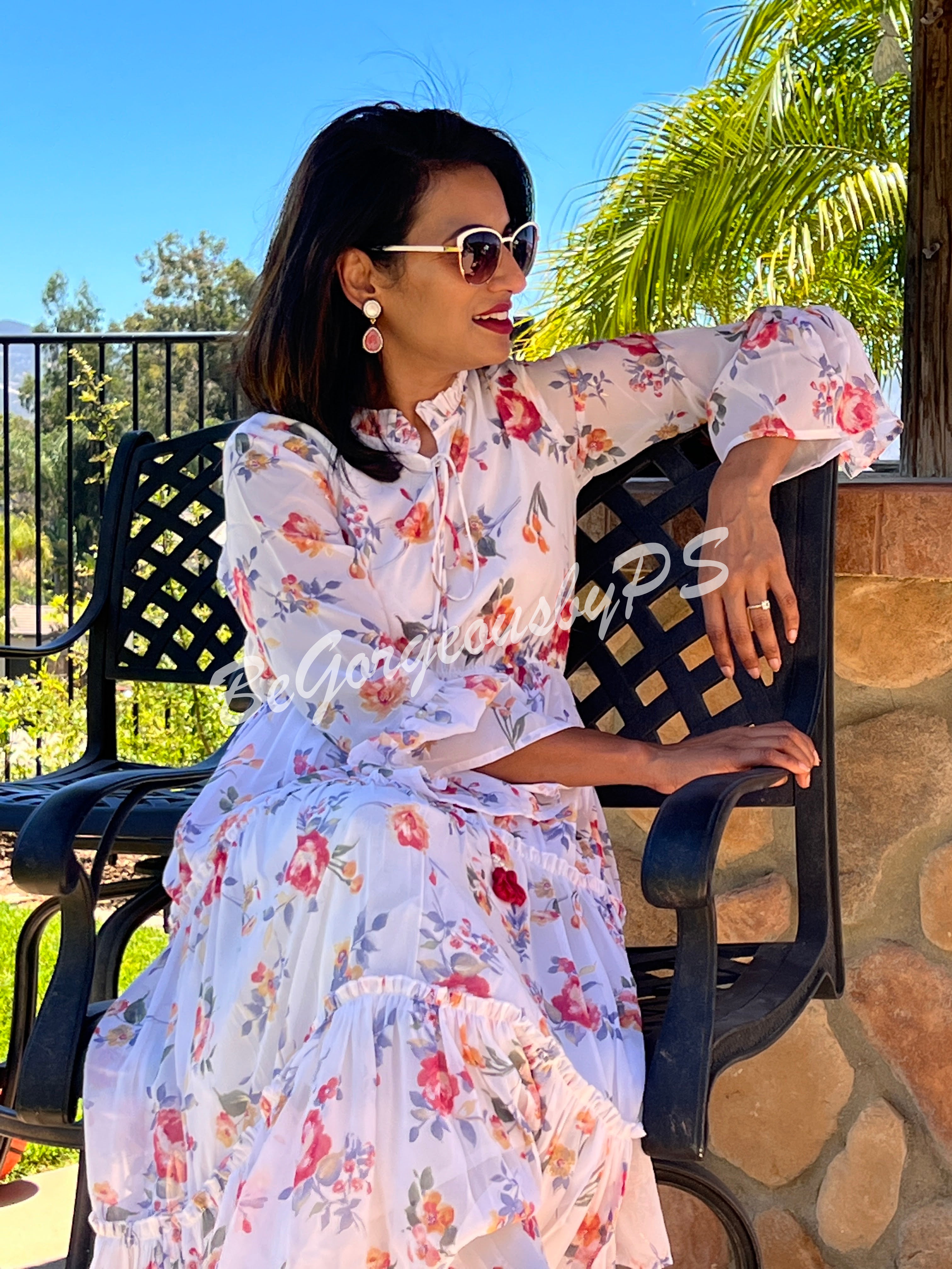 Floral printed georgette Stylish dress in white color