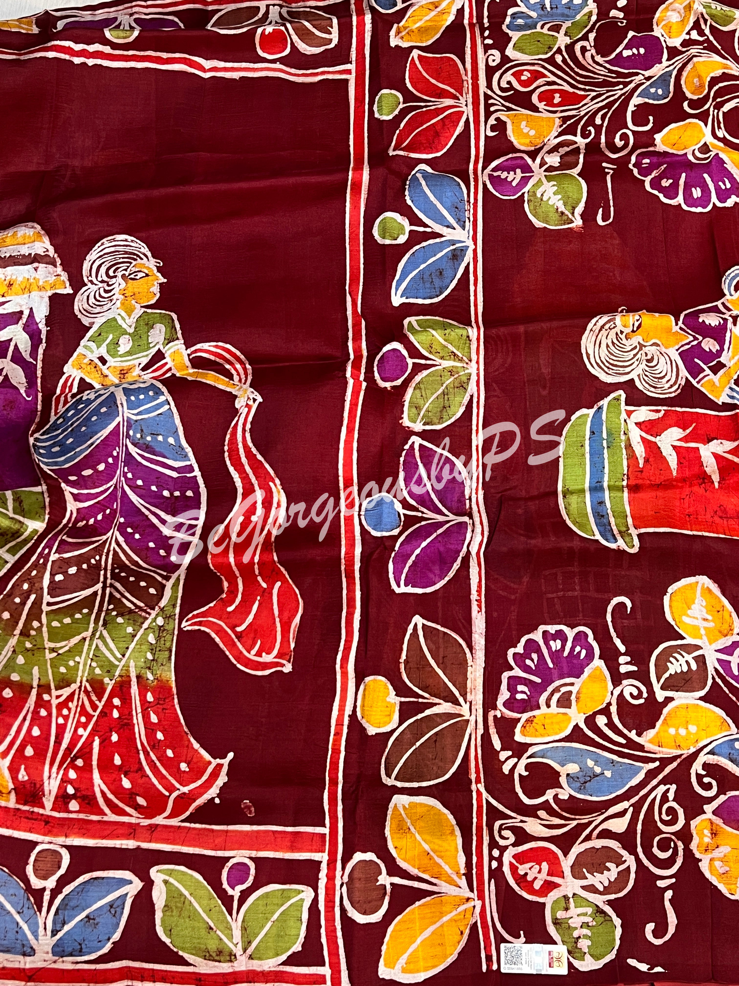 MURSHIDABAD BATIK PRINTED RED FIGURES SAREE