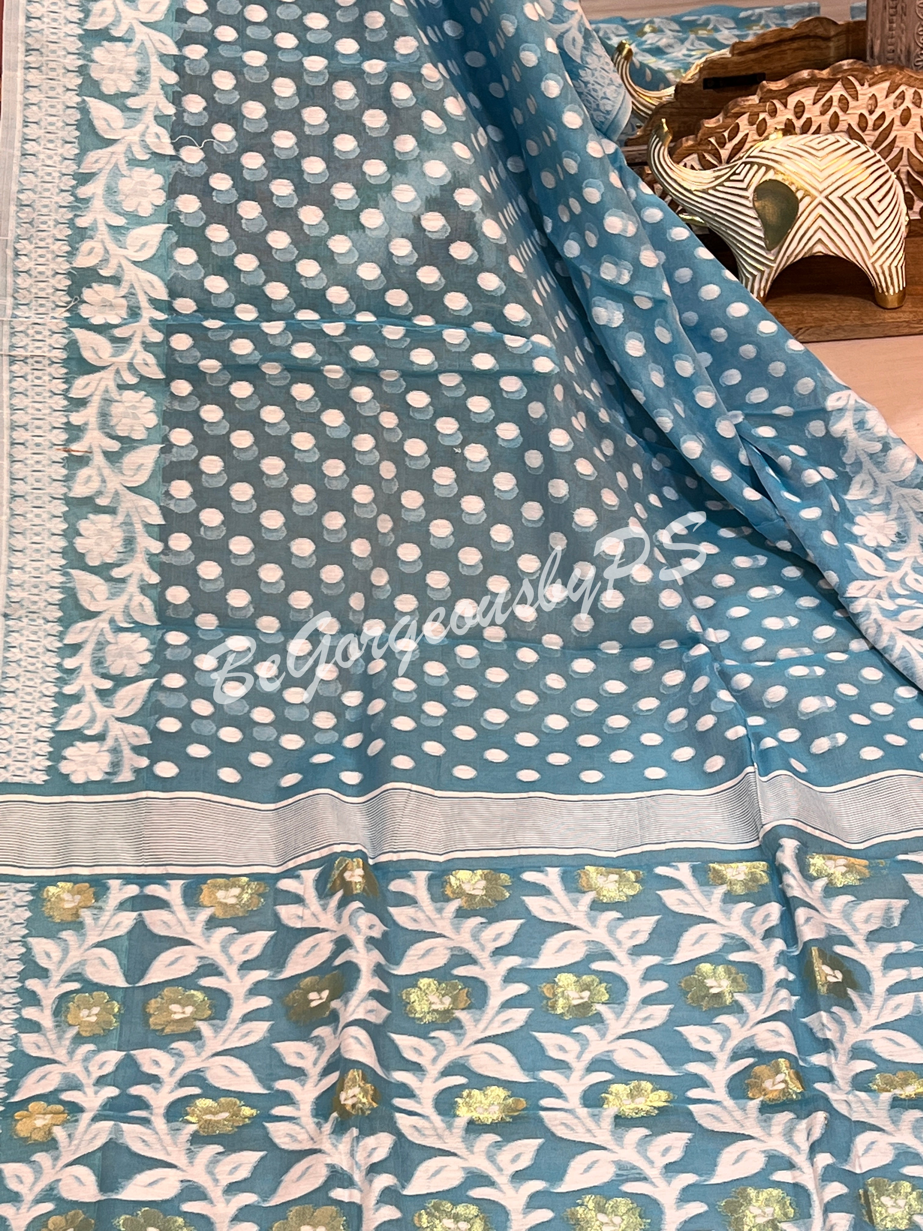 JAMDANI MUSLIN BU/BLUE GREY SAREE