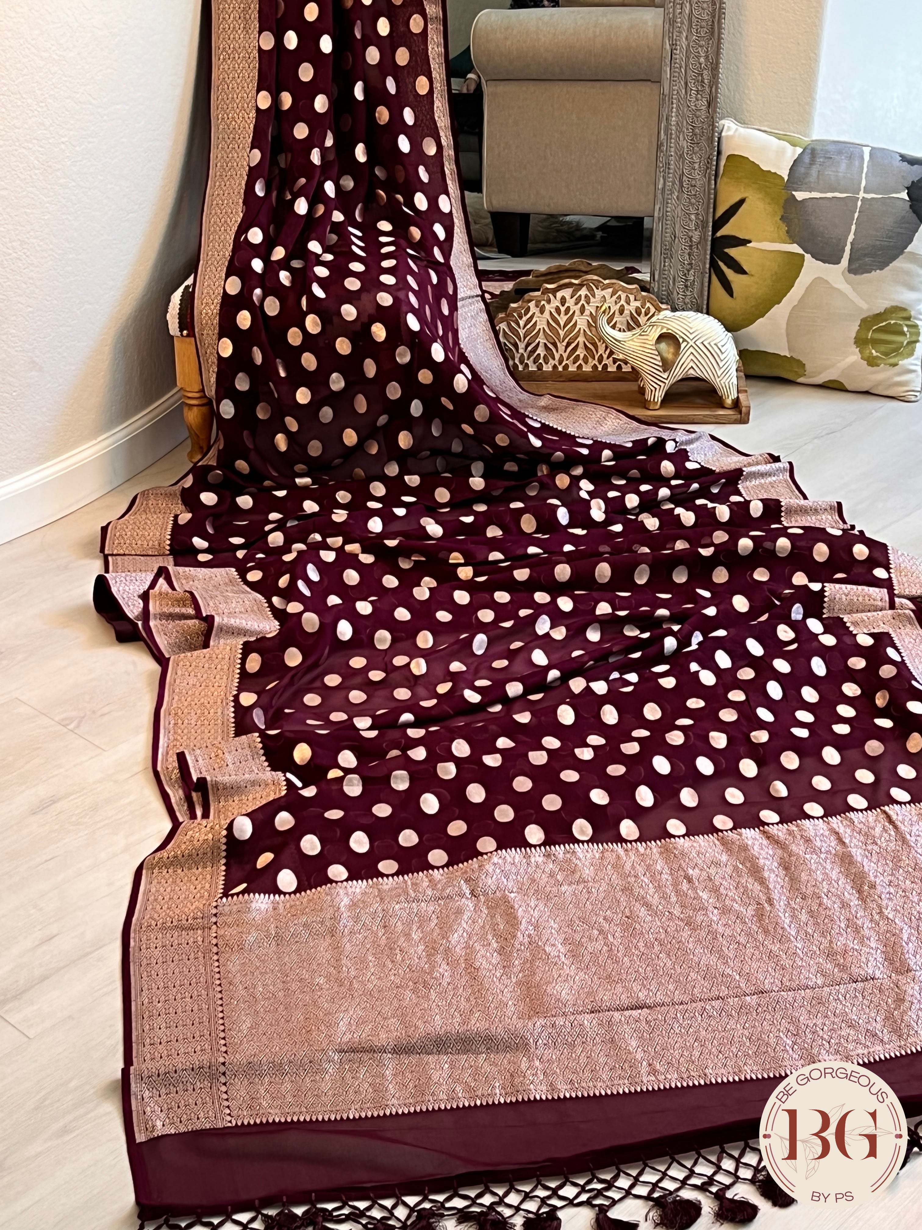 Banarasi Handwoven Georgette silk with gold zari weaved saree, polka dots and stitched blouse maroon