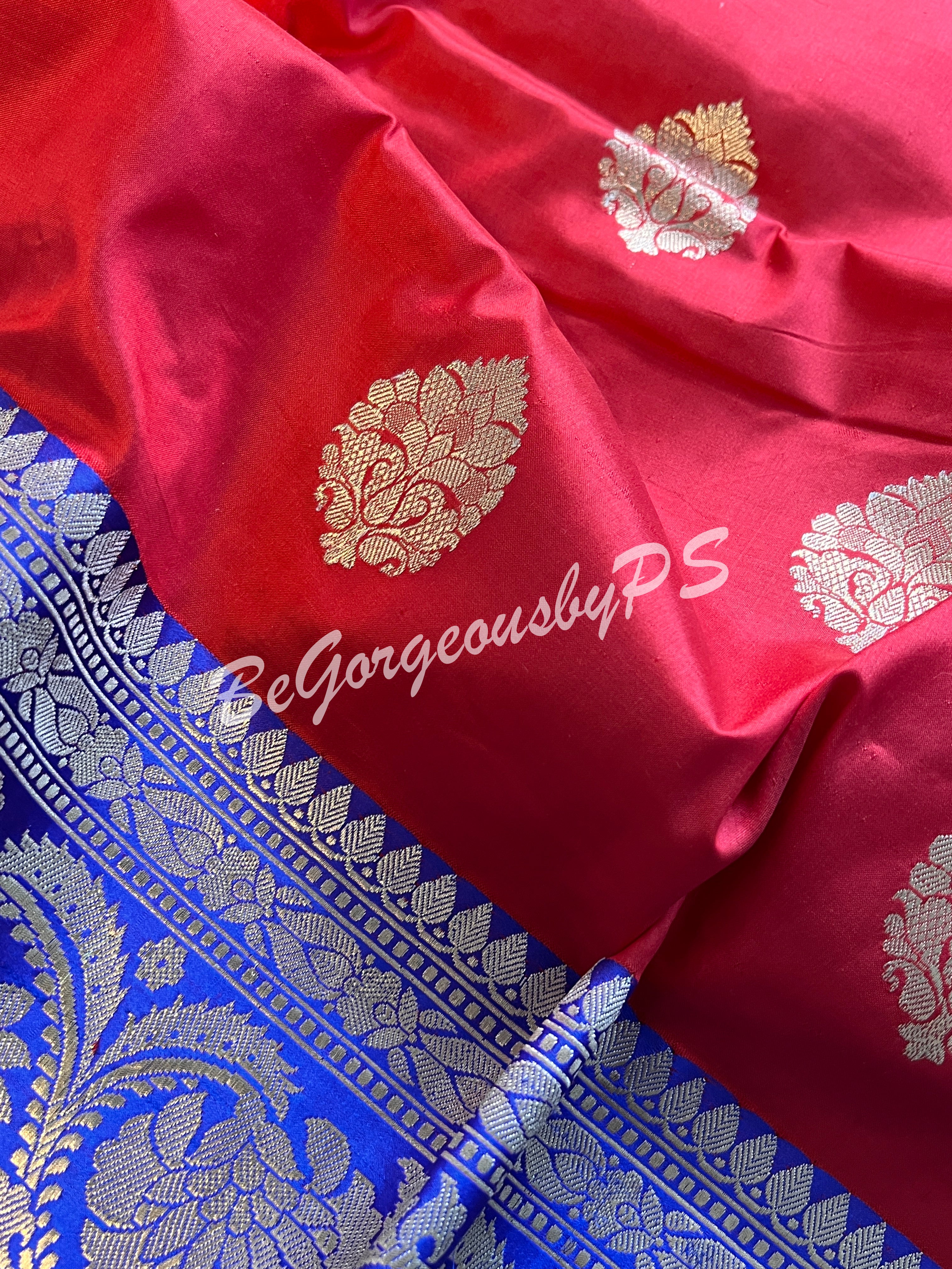 Banarasi Katan Silk silkmark certified with stitched blouse - red blue