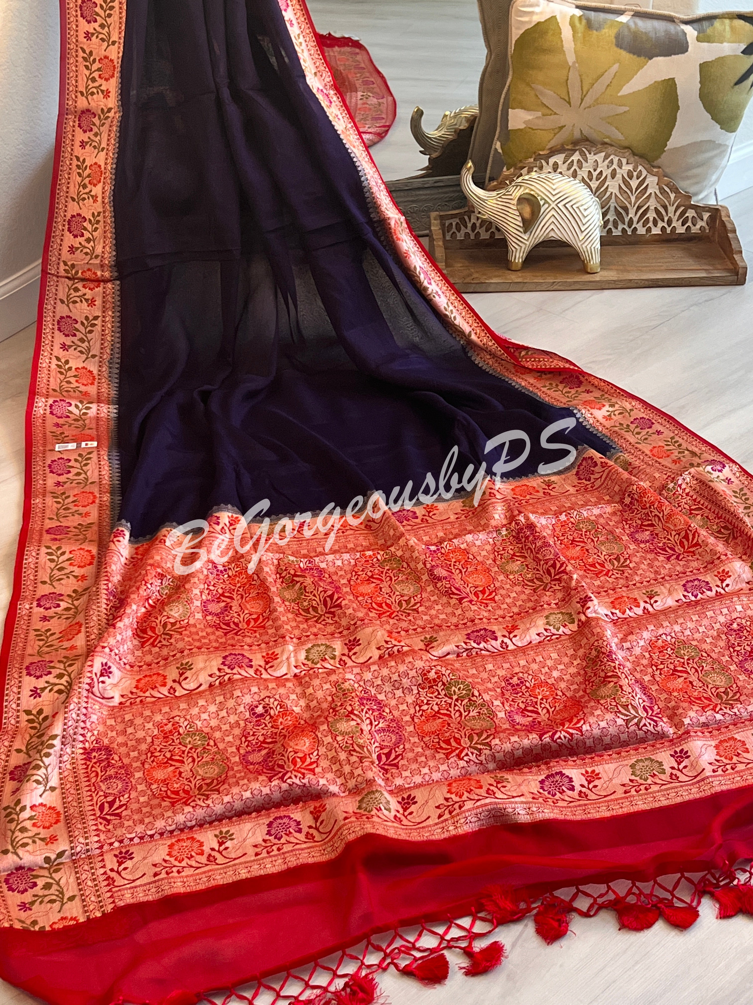 Banarasi Gerogette silk plain body, meenakari weaving pallu and stitched blouse blue