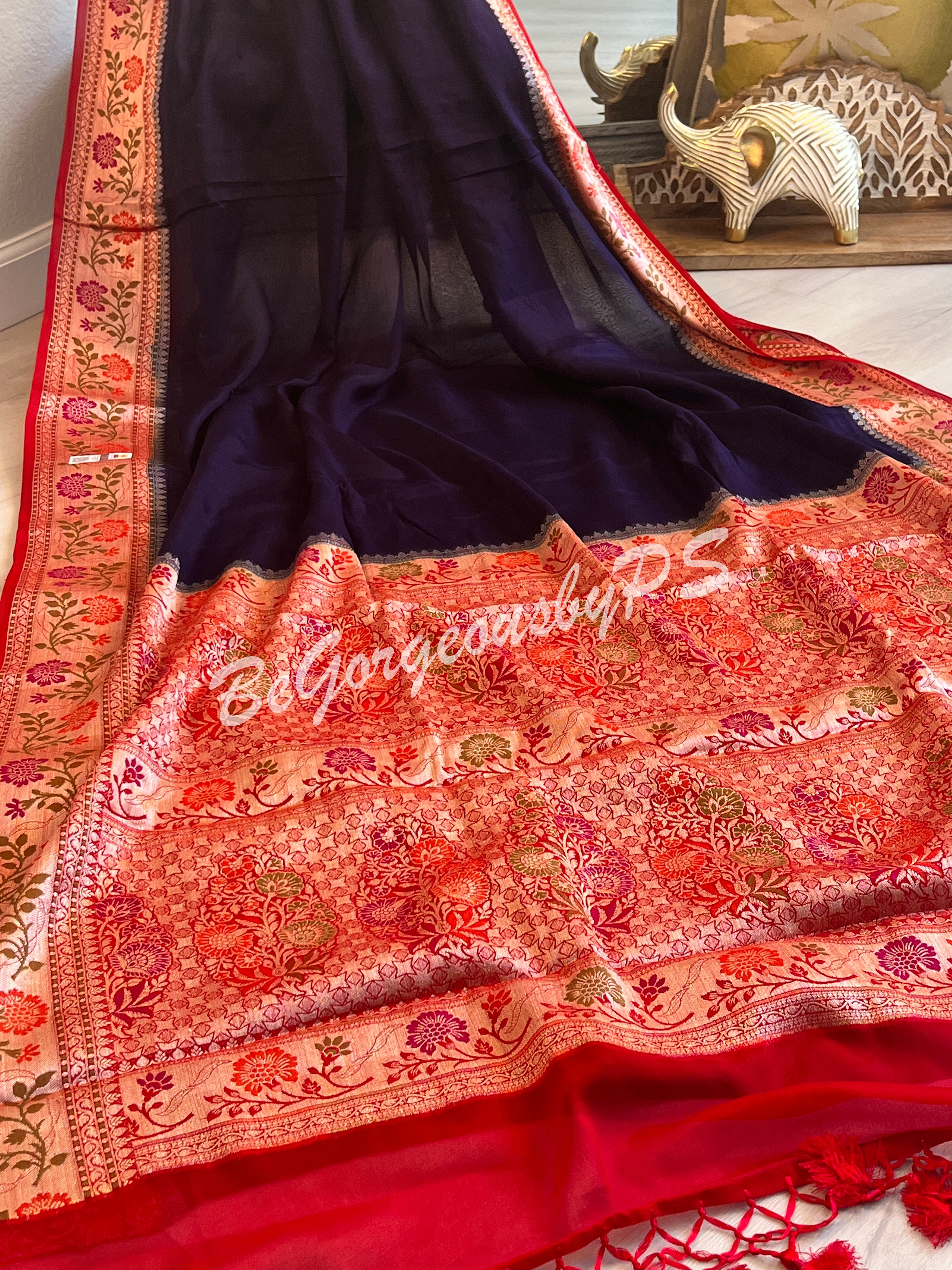 Banarasi Gerogette silk plain body, meenakari weaving pallu and stitched blouse blue