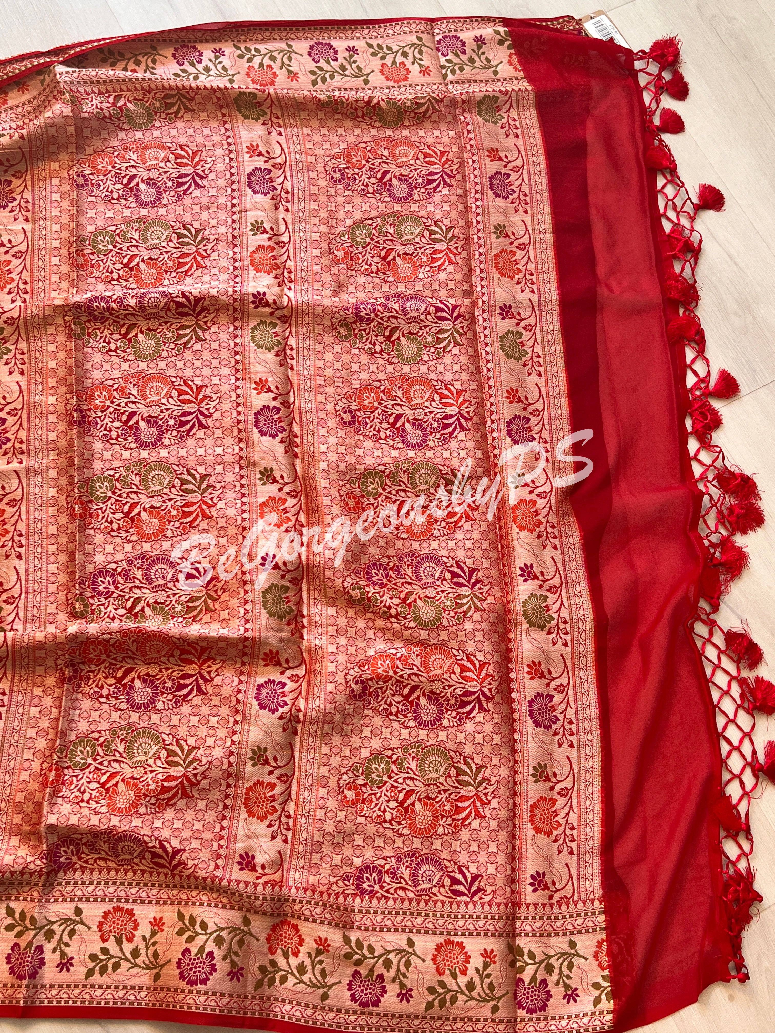 Banarasi Gerogette silk plain body, meenakari weaving pallu and stitched blouse blue