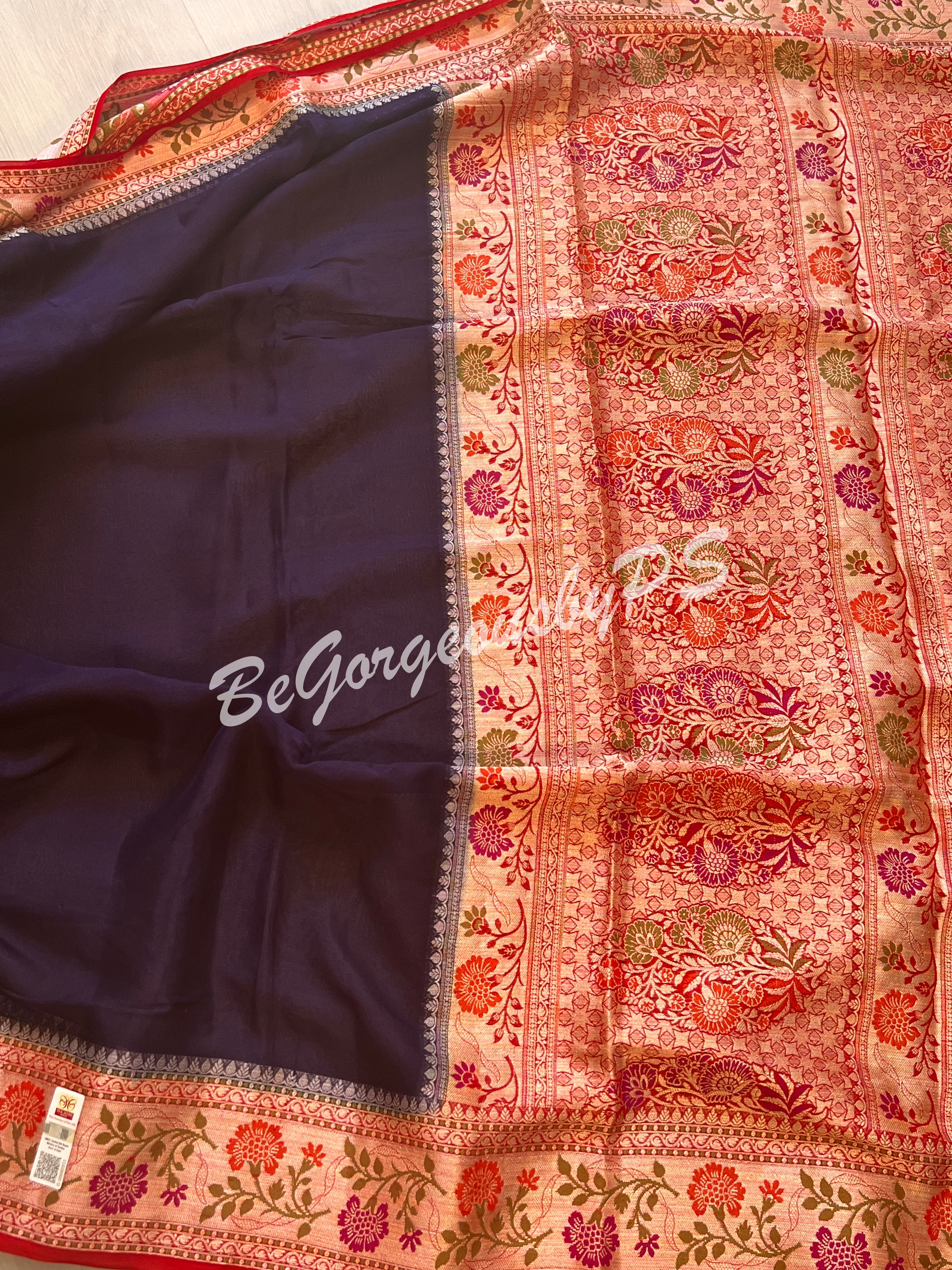 Banarasi Gerogette silk plain body, meenakari weaving pallu and stitched blouse blue