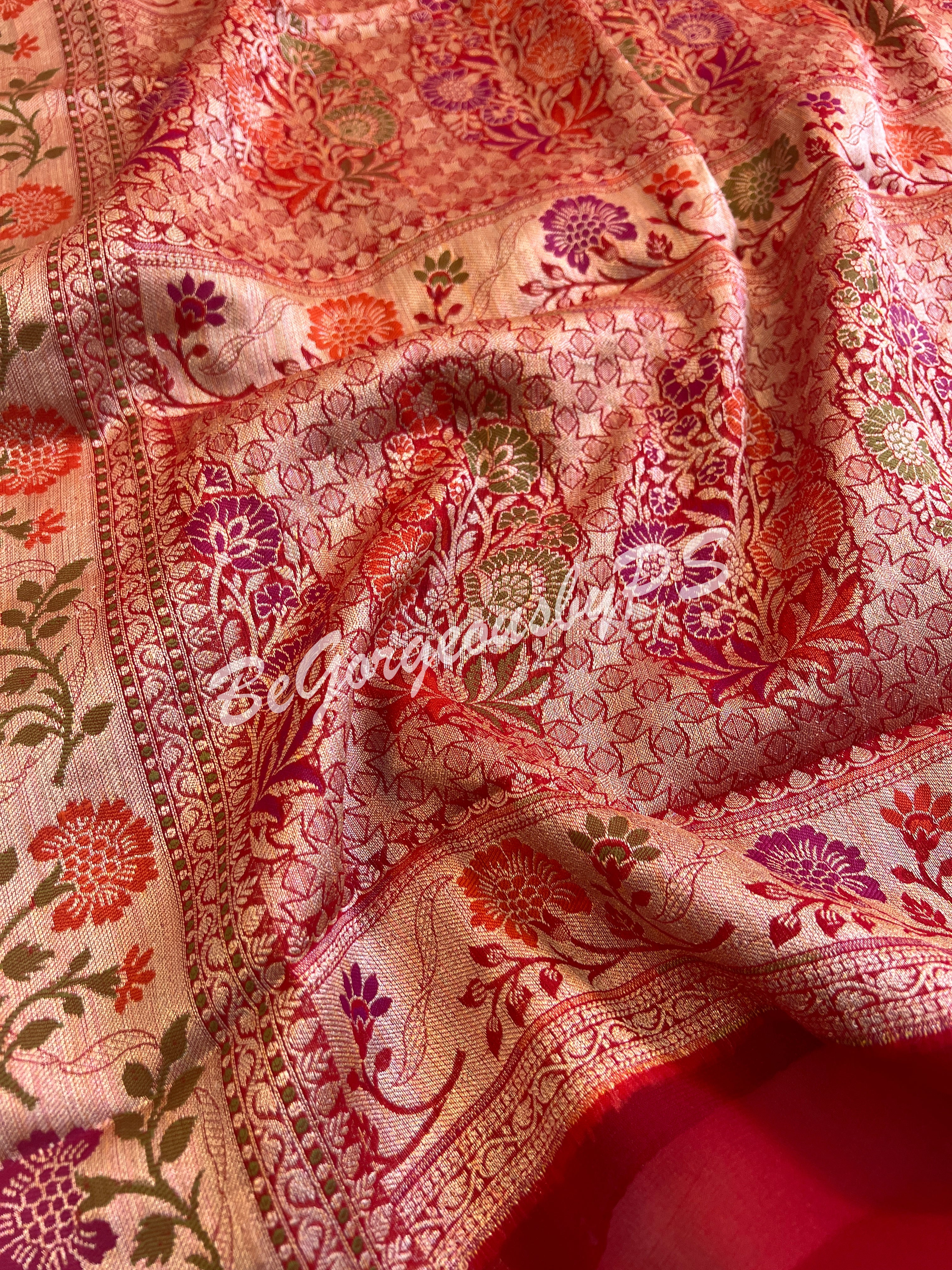 Banarasi Gerogette silk plain body, meenakari weaving pallu and stitched blouse blue