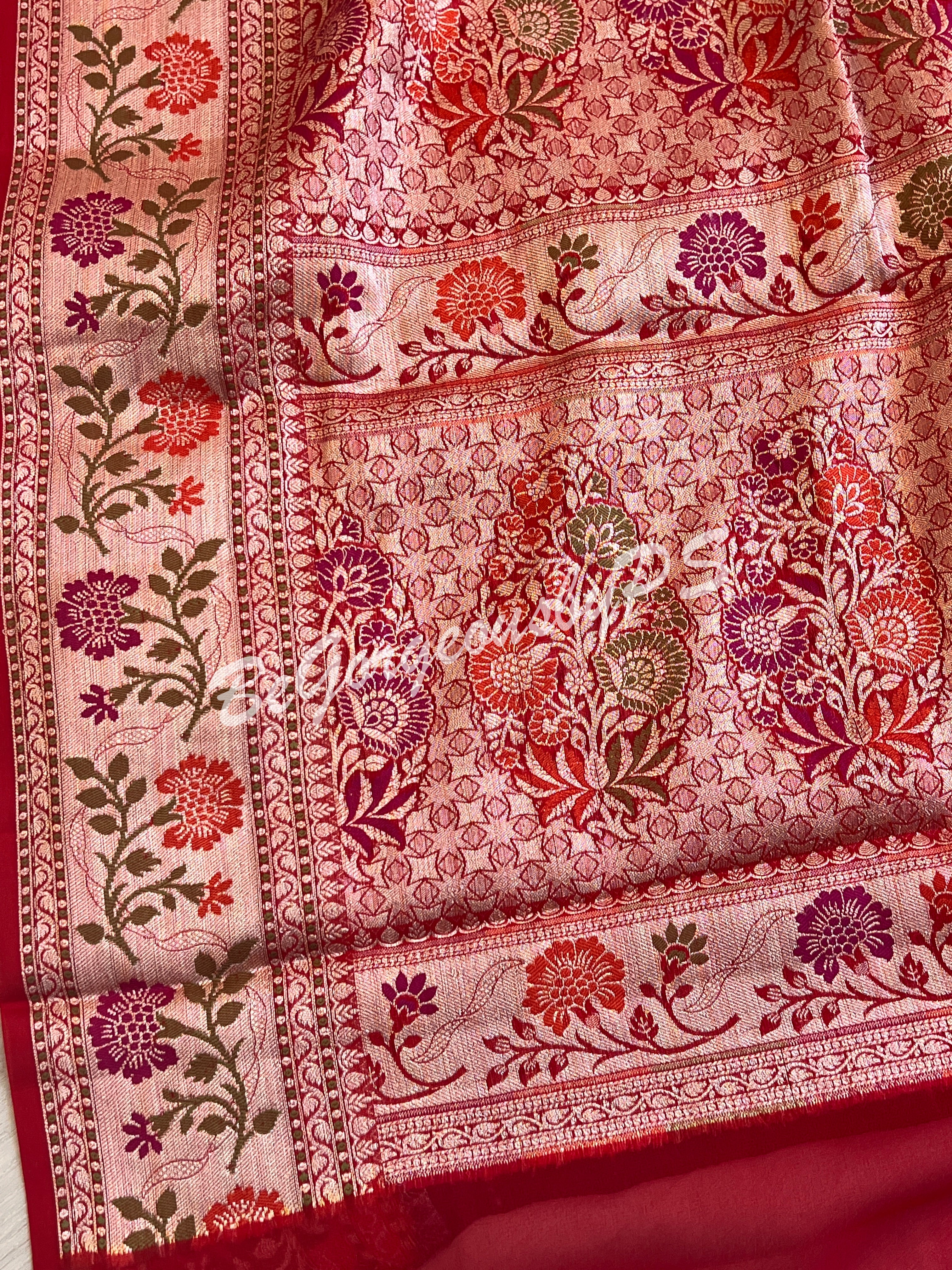 Banarasi Gerogette silk plain body, meenakari weaving pallu and stitched blouse blue