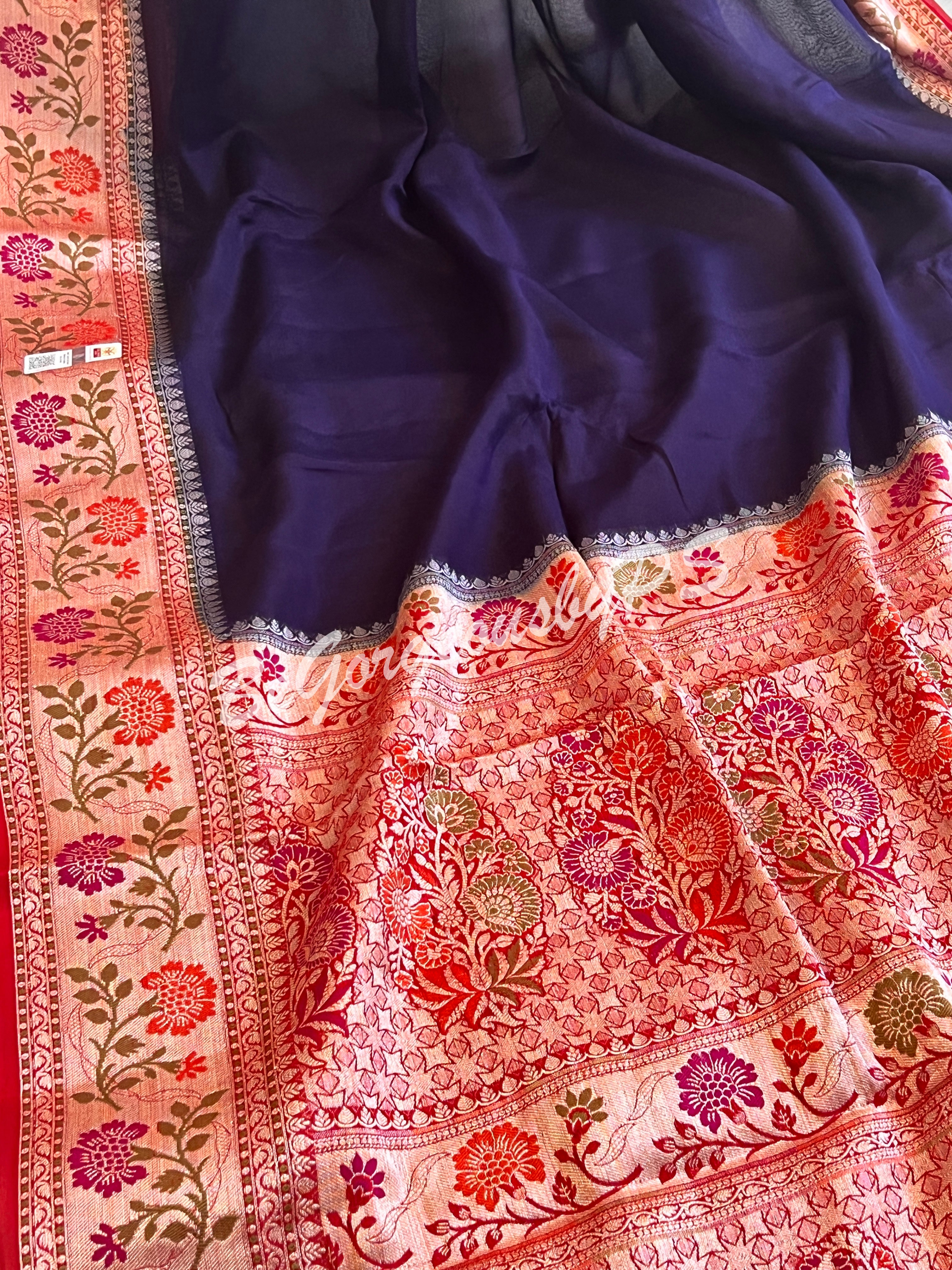Banarasi Gerogette silk plain body, meenakari weaving pallu and stitched blouse blue