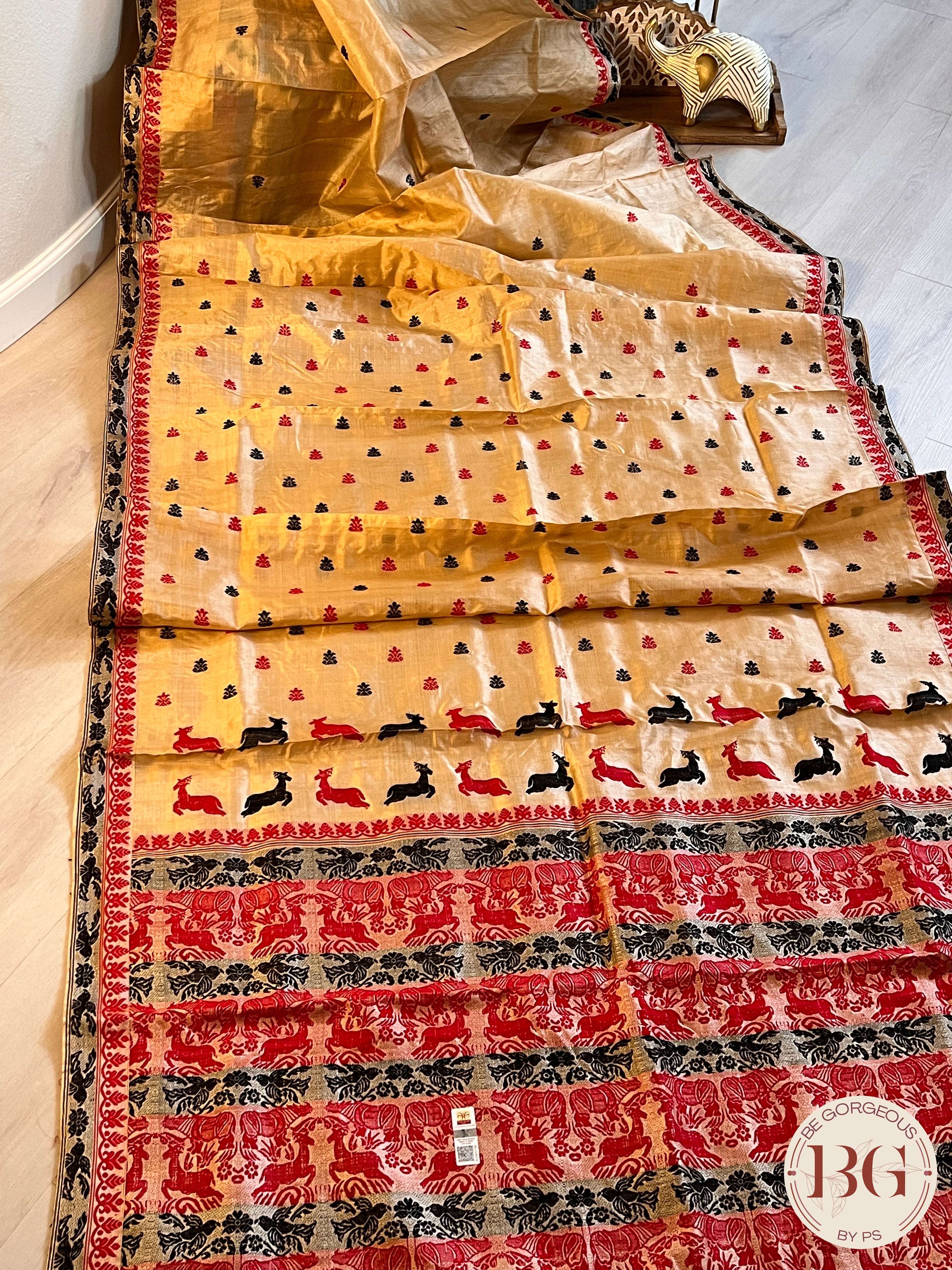 Assam Tussar Silk Saree BLACK RED GOLD