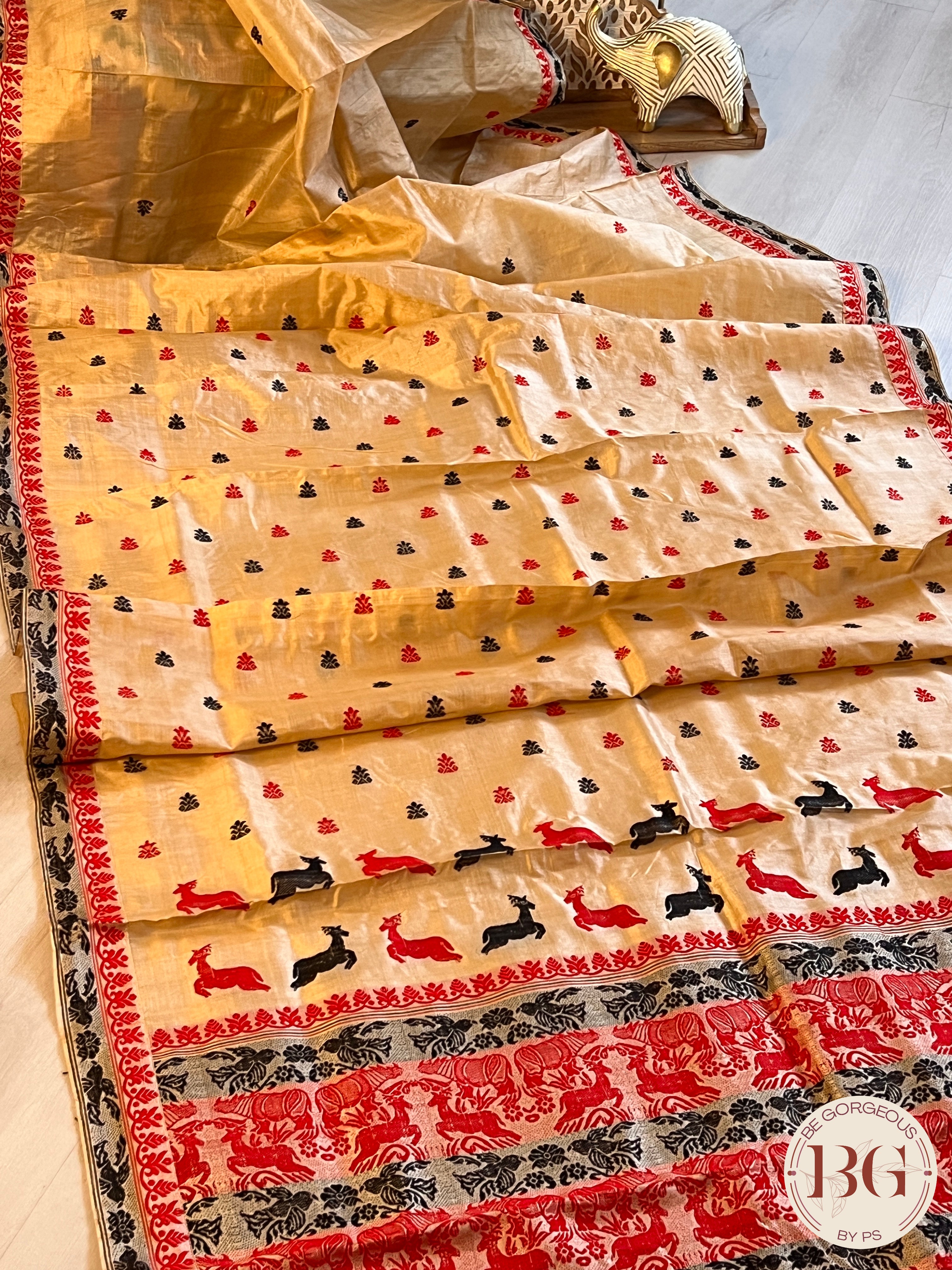 Assam Tussar Silk Saree BLACK RED GOLD