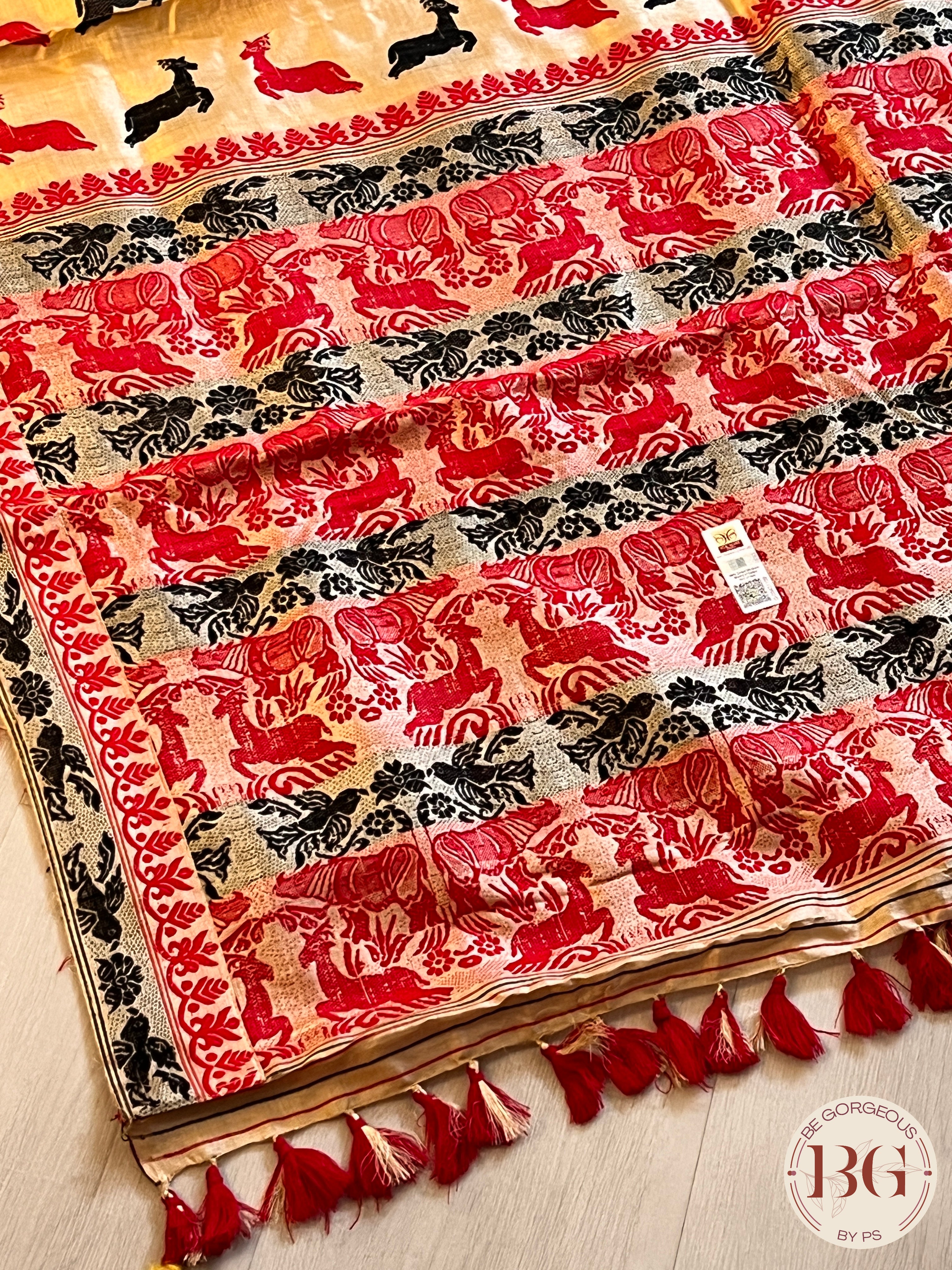 Assam Tussar Silk Saree BLACK RED GOLD