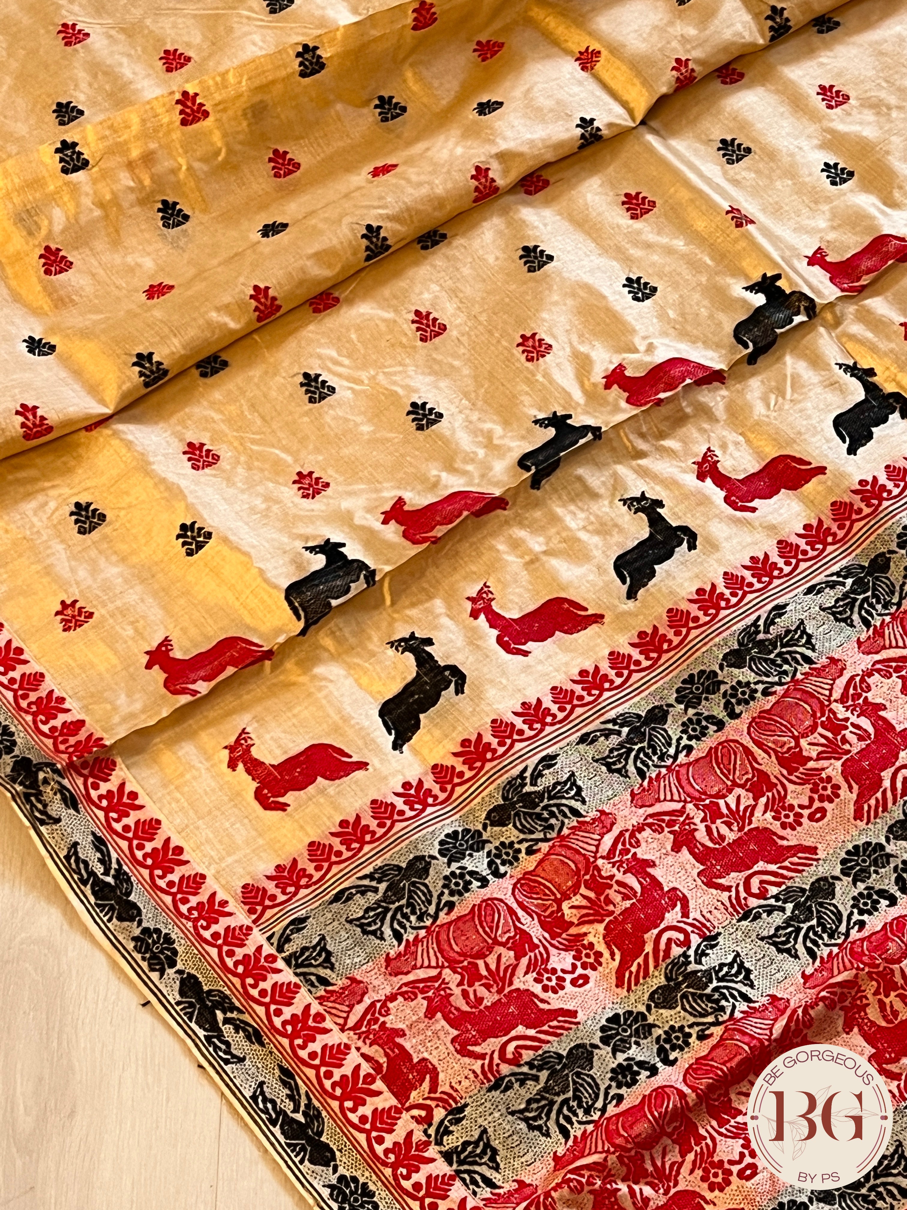 Assam Tussar Silk Saree BLACK RED GOLD
