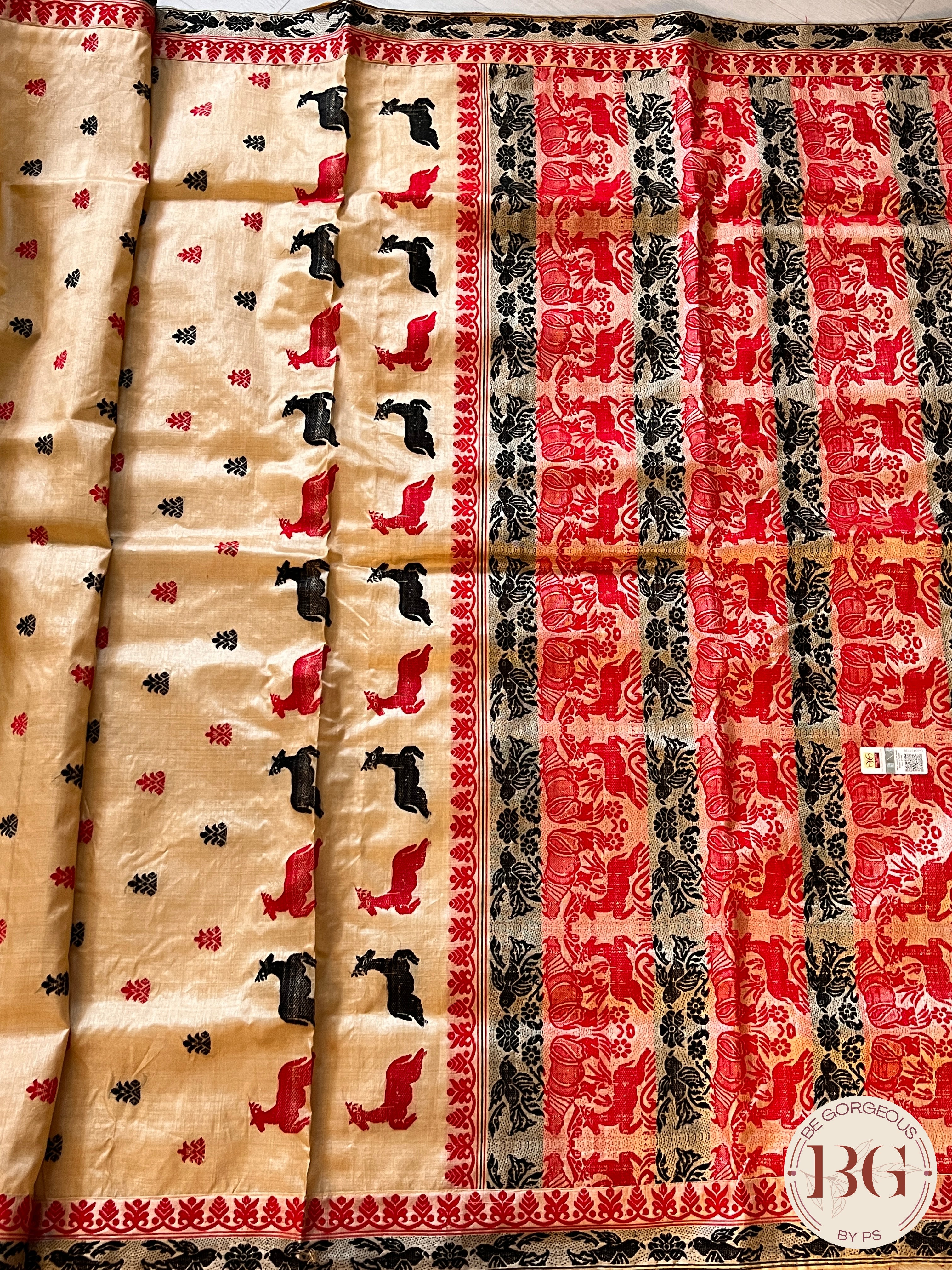 Assam Tussar Silk Saree BLACK RED GOLD