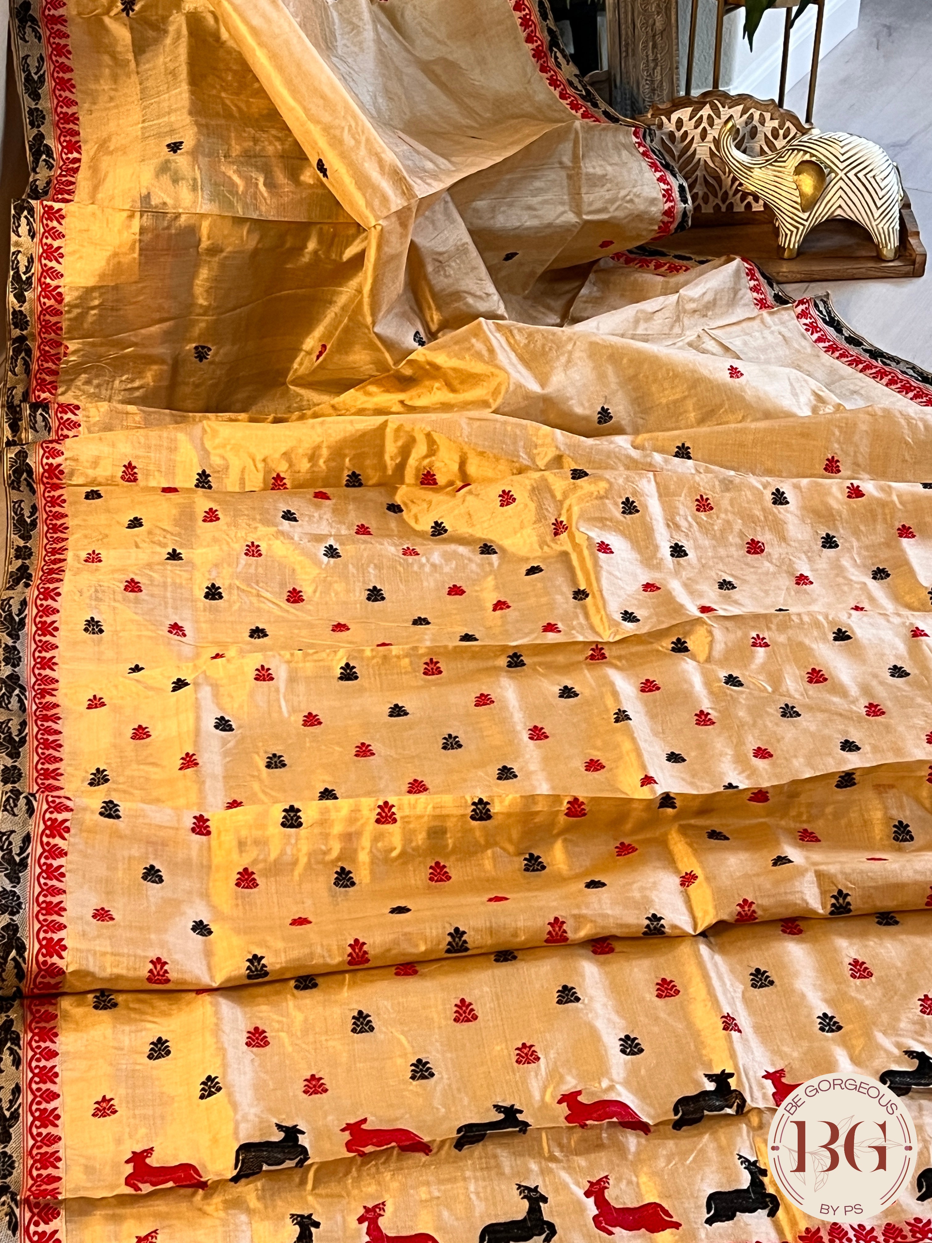 Assam Tussar Silk Saree BLACK RED GOLD