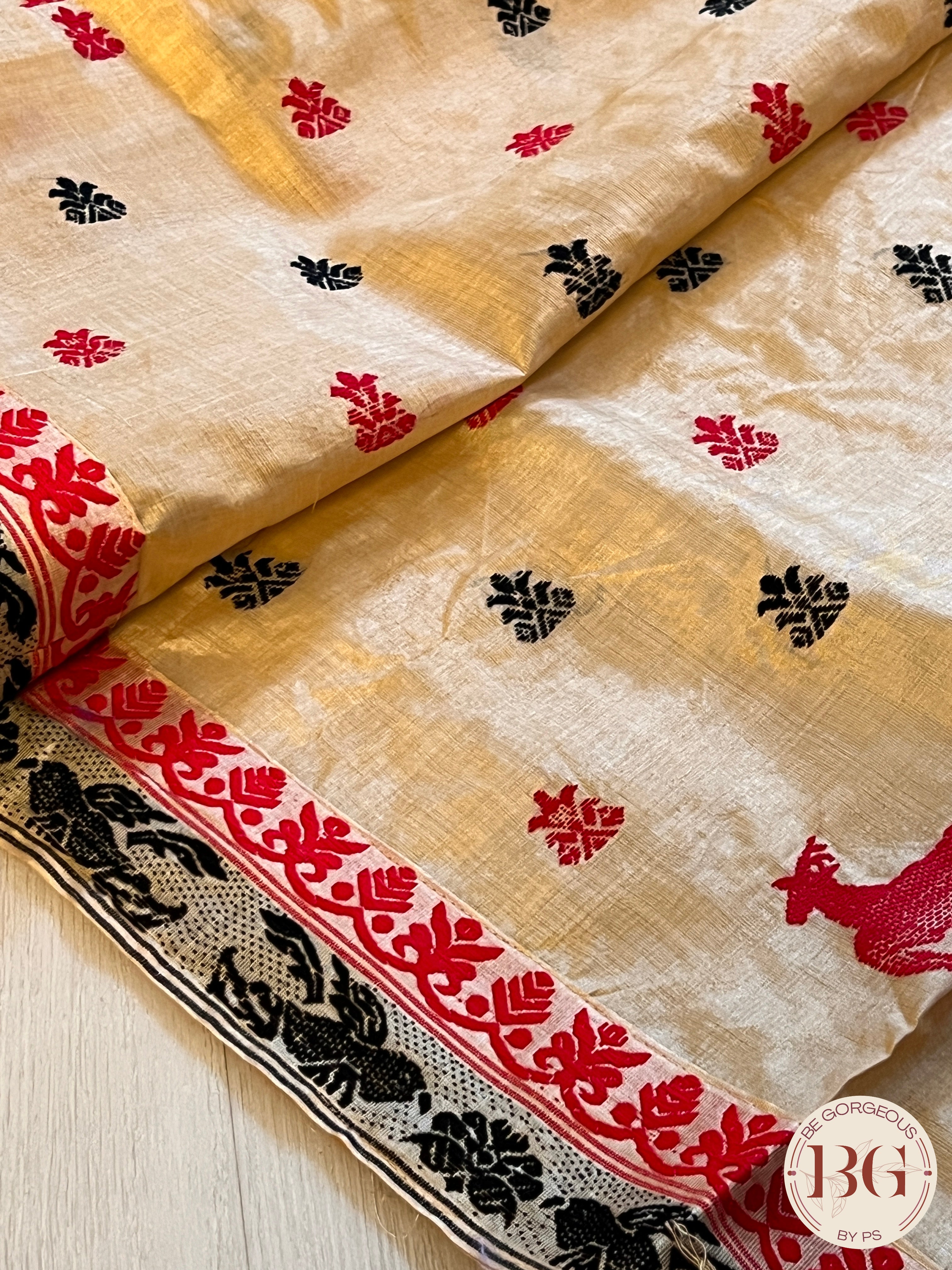 Assam Tussar Silk Saree BLACK RED GOLD