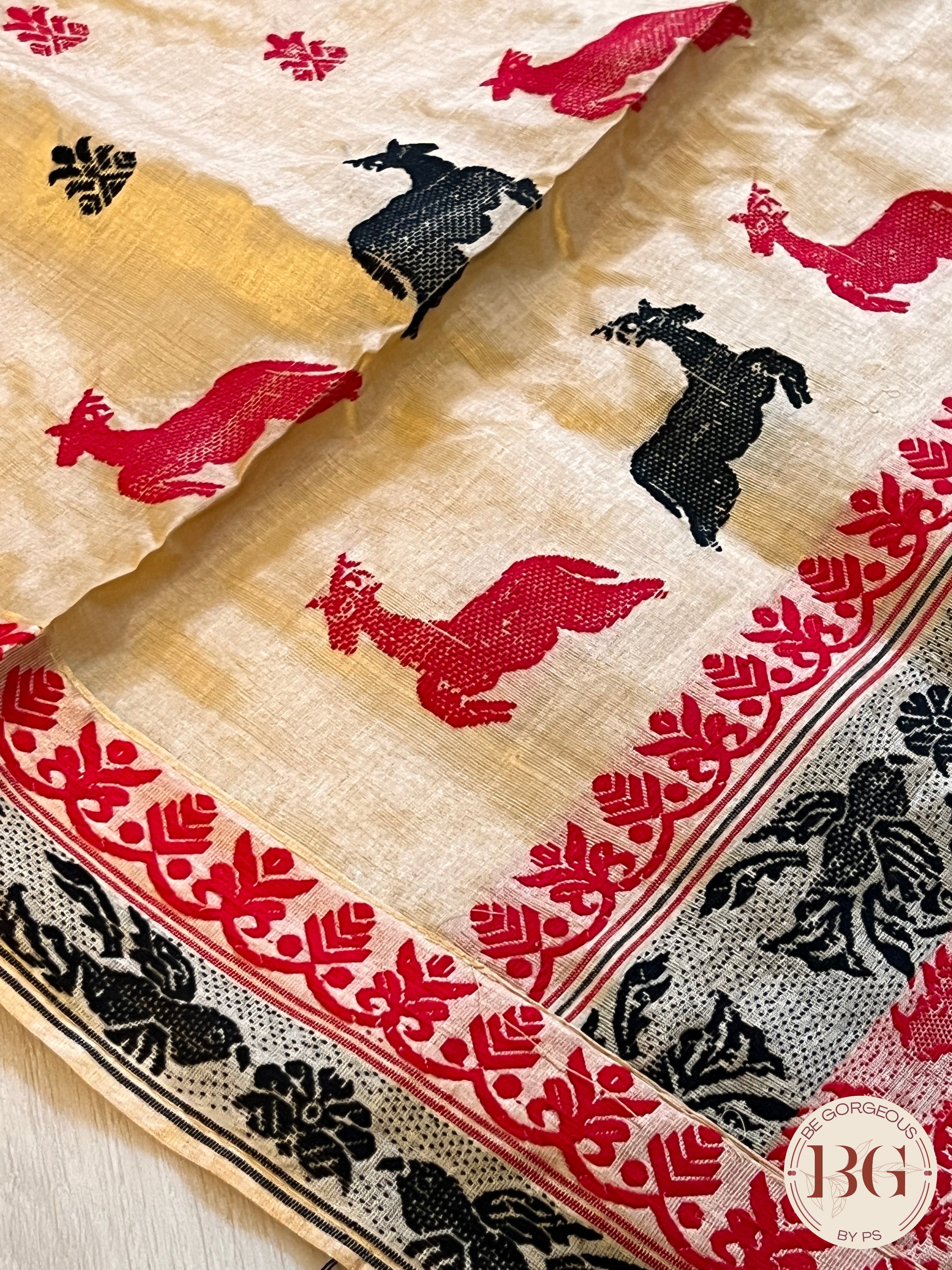 Assam Tussar Silk Saree BLACK RED GOLD