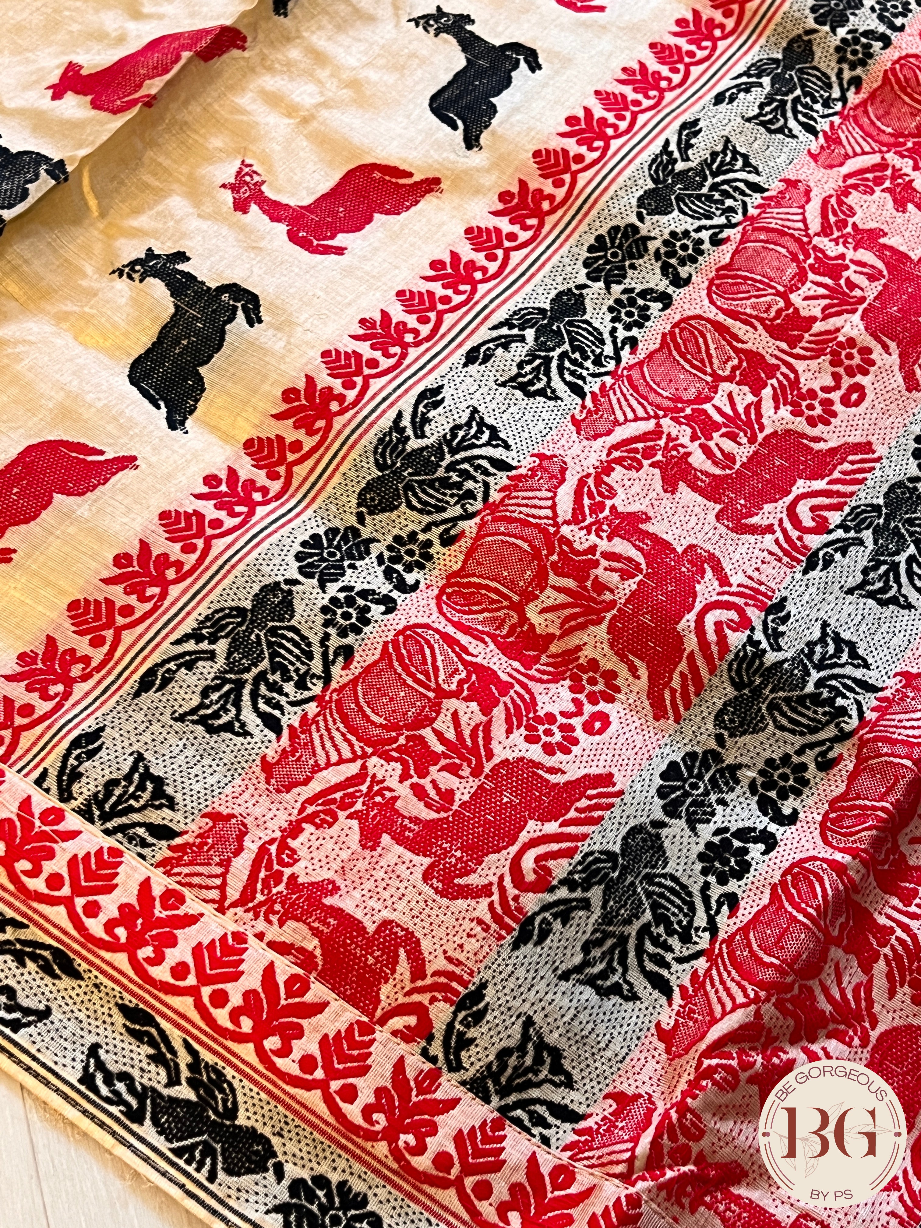 Assam Tussar Silk Saree BLACK RED GOLD