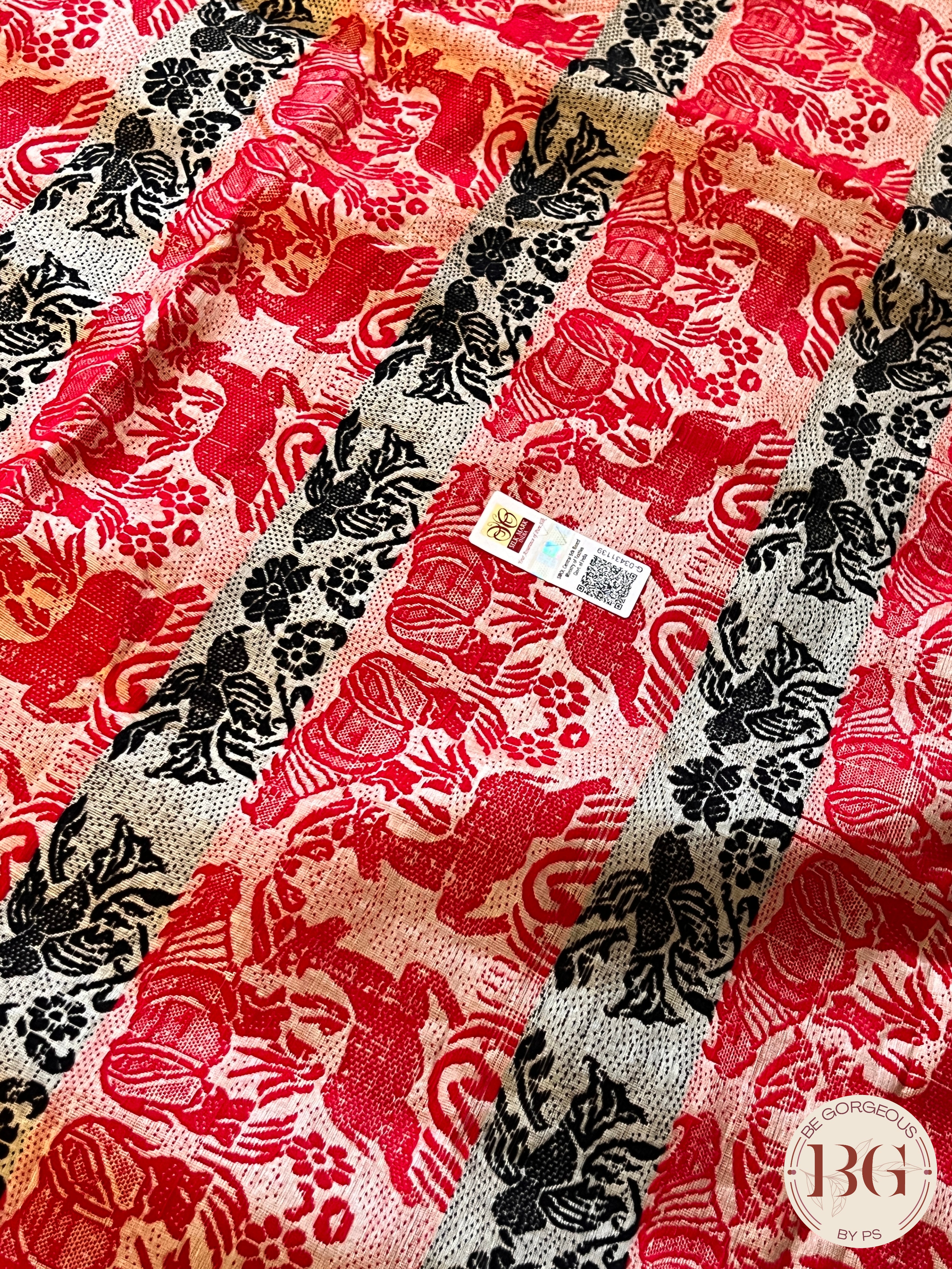Assam Tussar Silk Saree BLACK RED GOLD