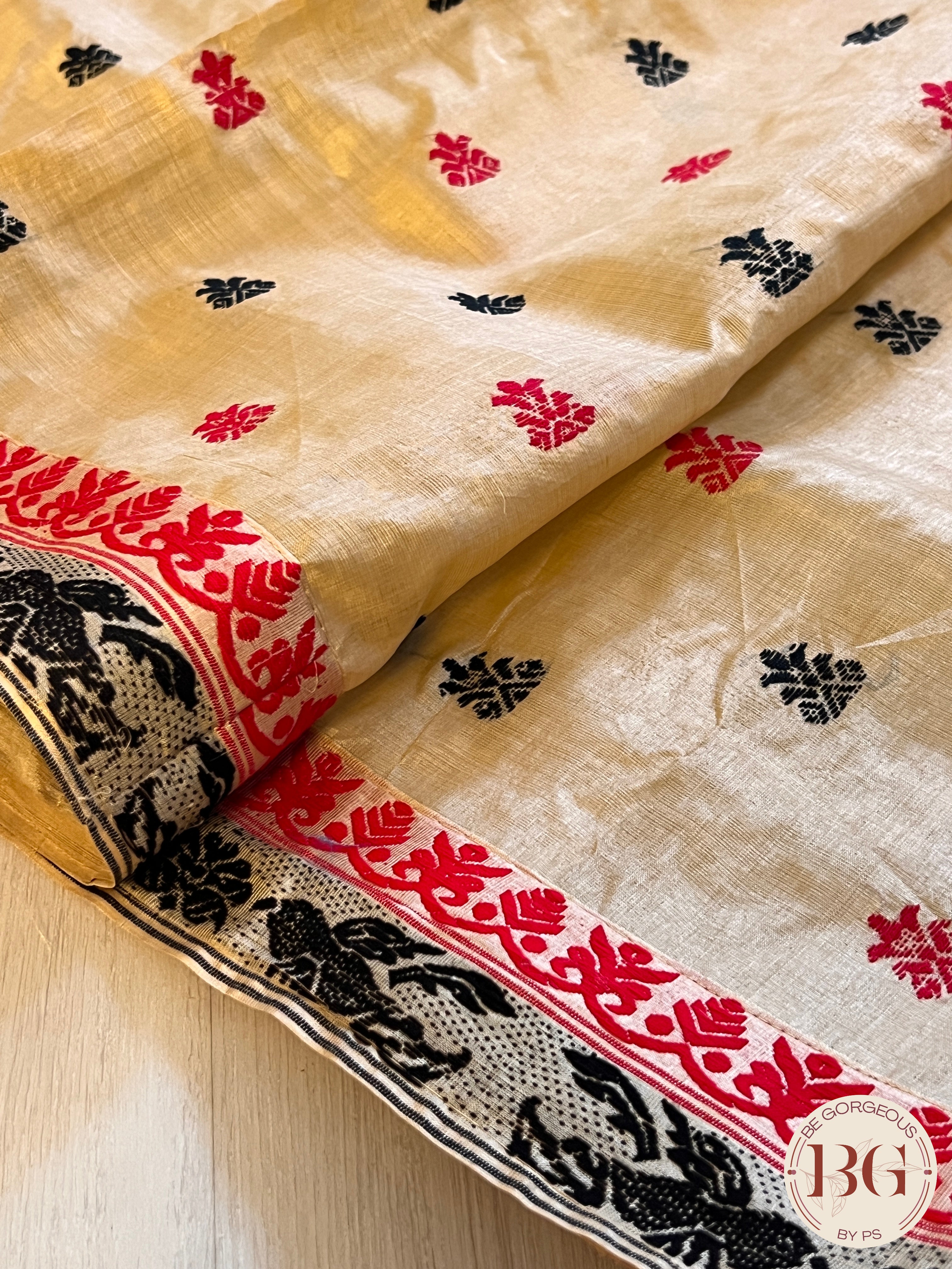 Assam Tussar Silk Saree BLACK RED GOLD