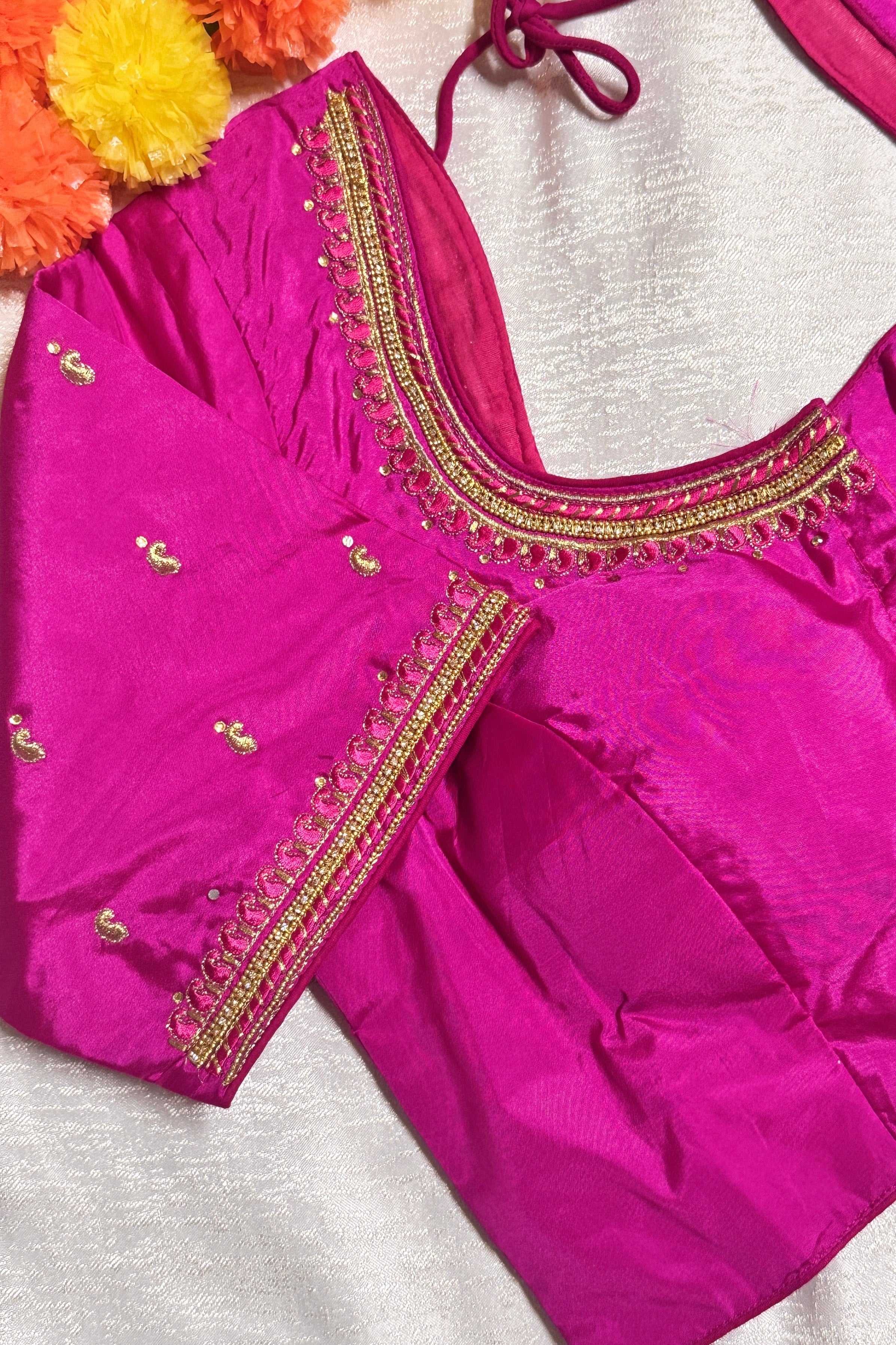 Maggam Work Readymade Padded Blouse front hooks with sleeves