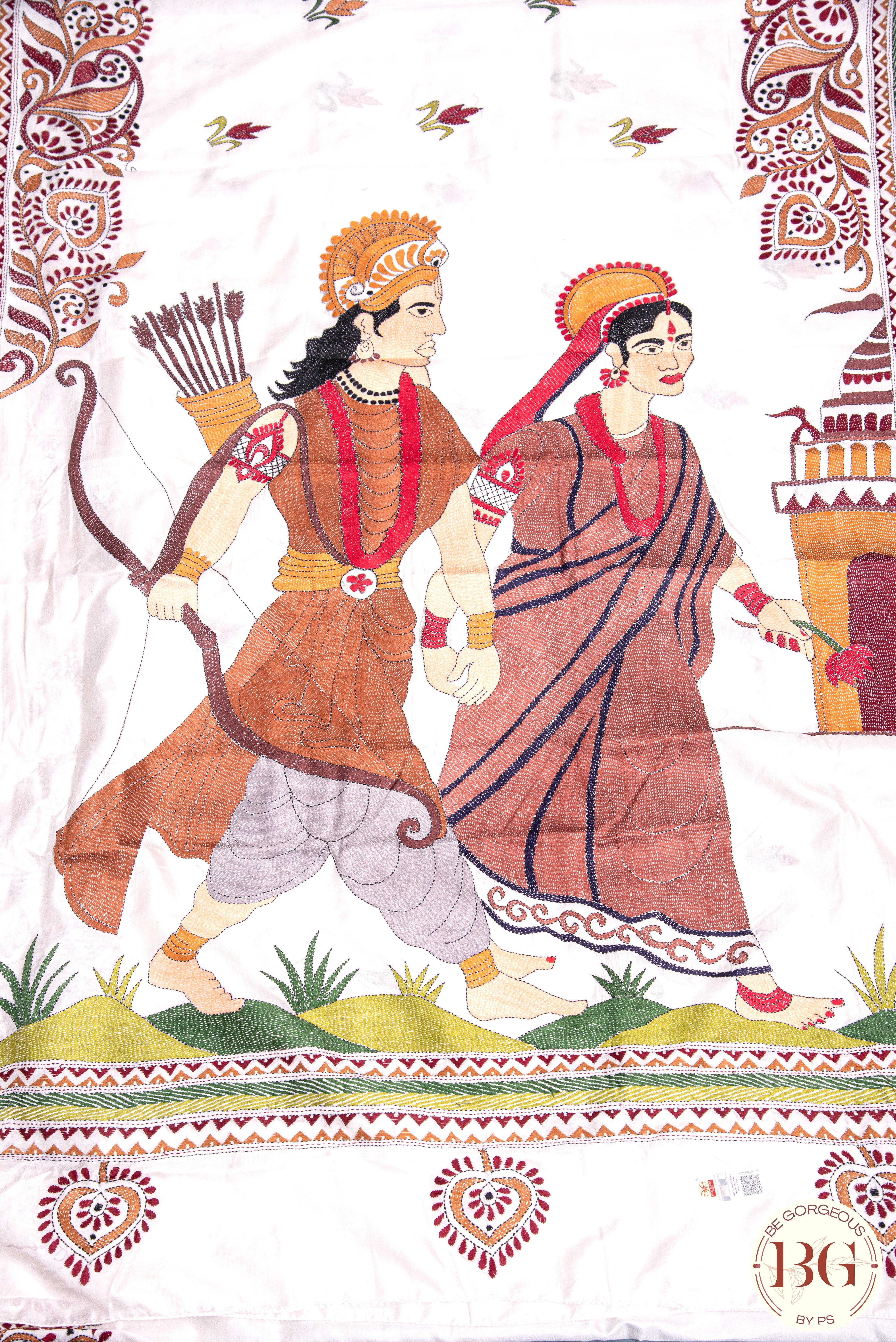 Kantha Stitch Saree on Bangalore Silk with ram sita motif - Beige with multicolor