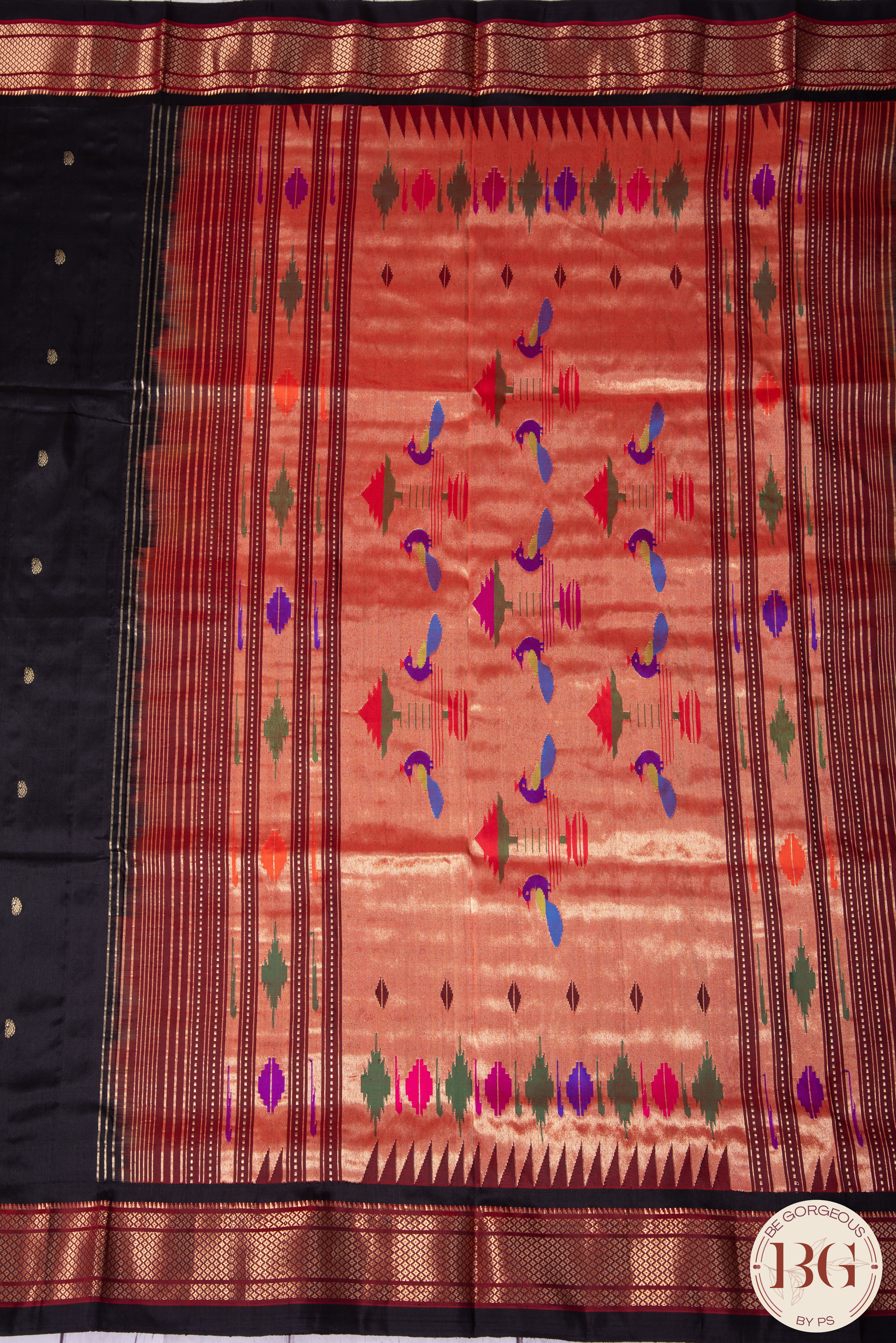 Traditional Paithani pure silk handloom saree - black