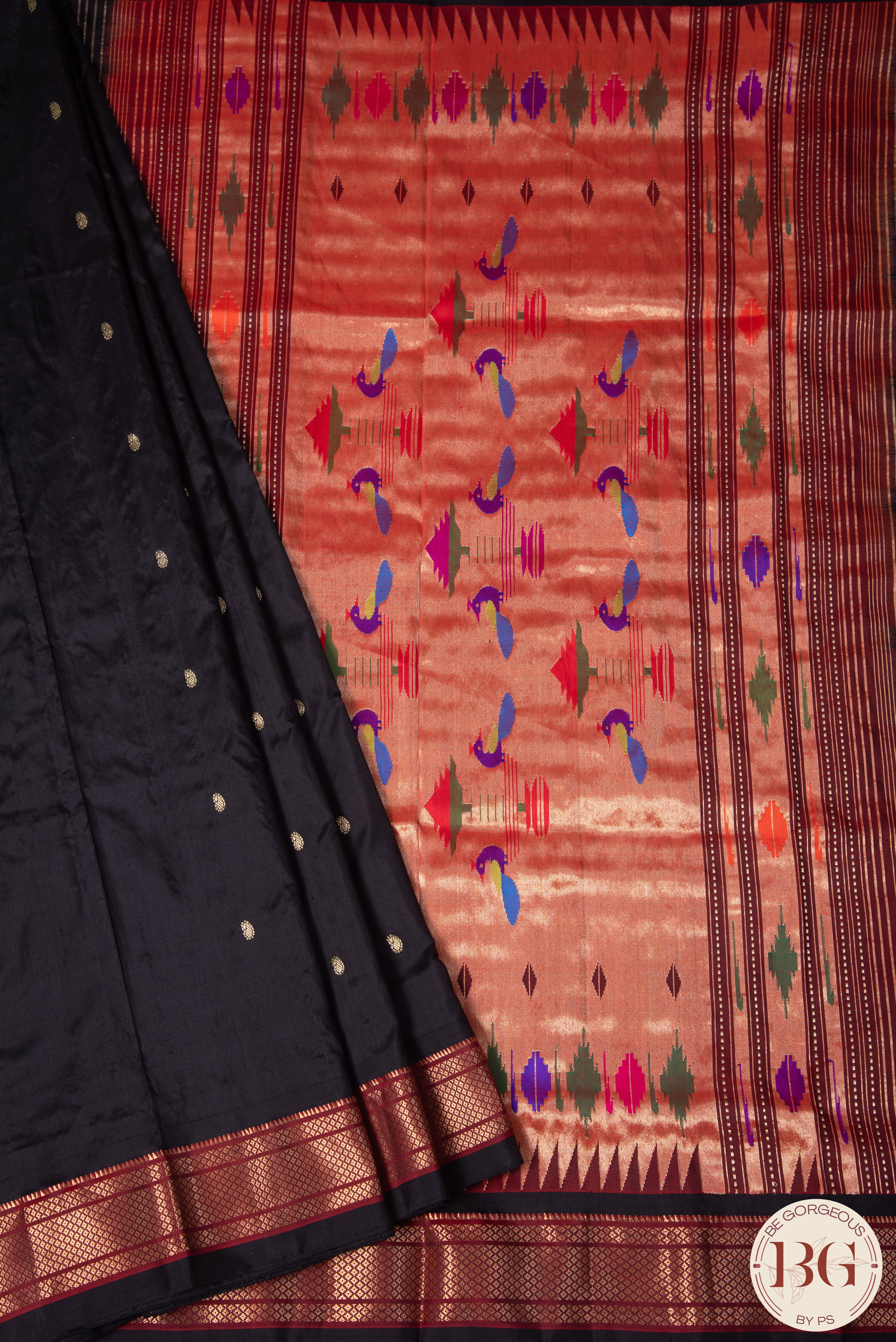 Traditional Paithani pure silk handloom saree - black