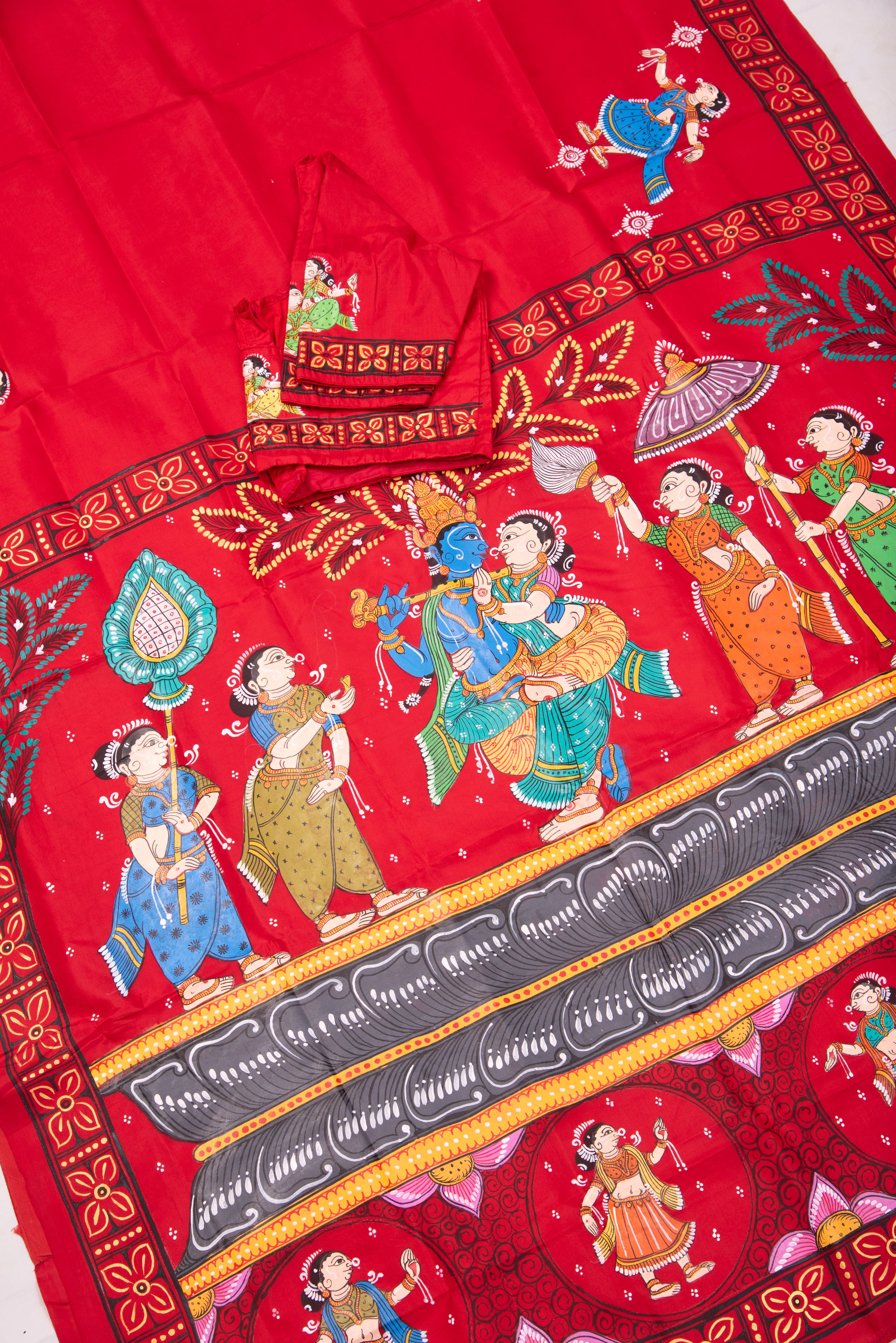 Pattachitra hand painted saree on pure silk - Radha Krishna Rasleela Theme
