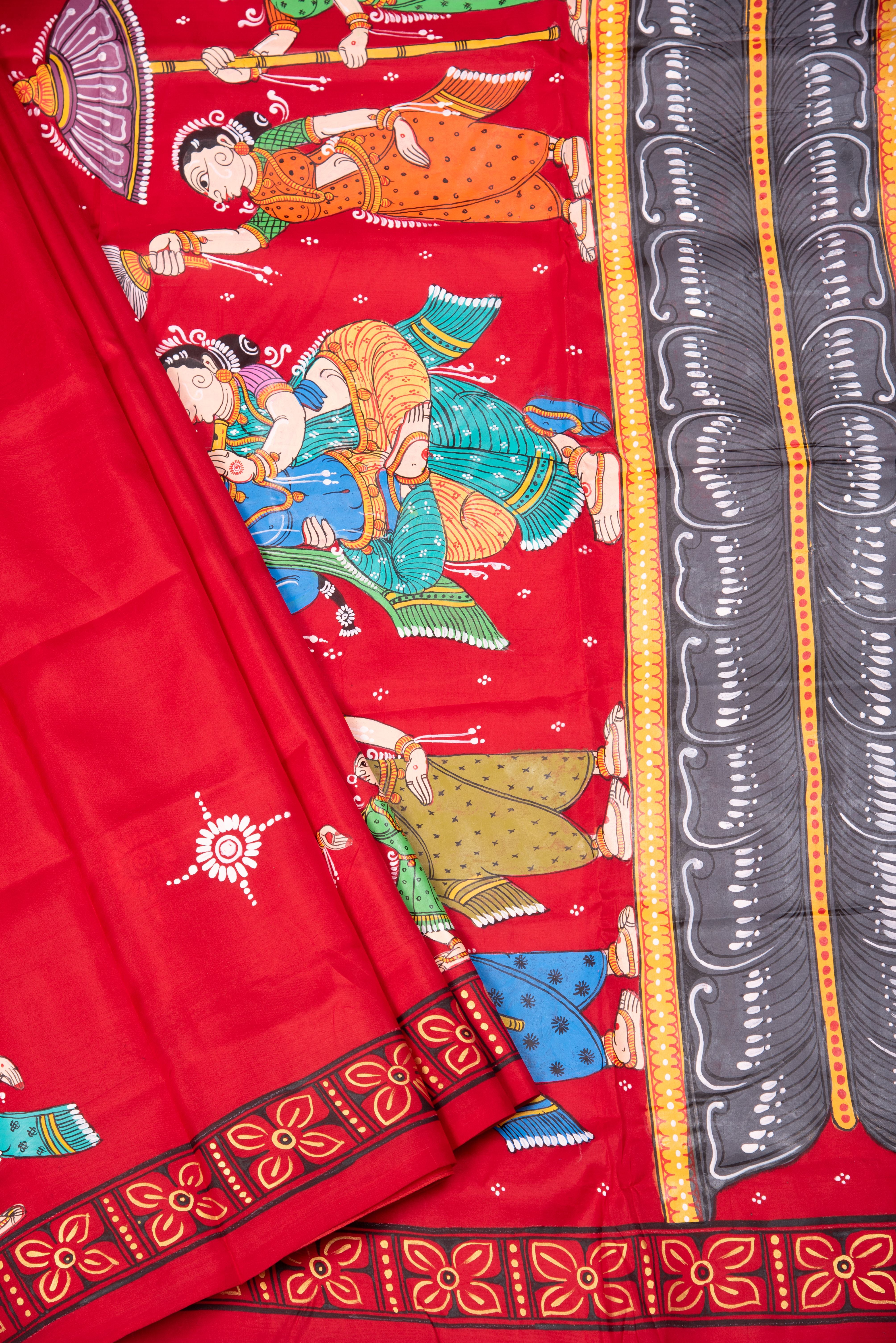 Pattachitra hand painted saree on pure silk - Radha Krishna Rasleela Theme