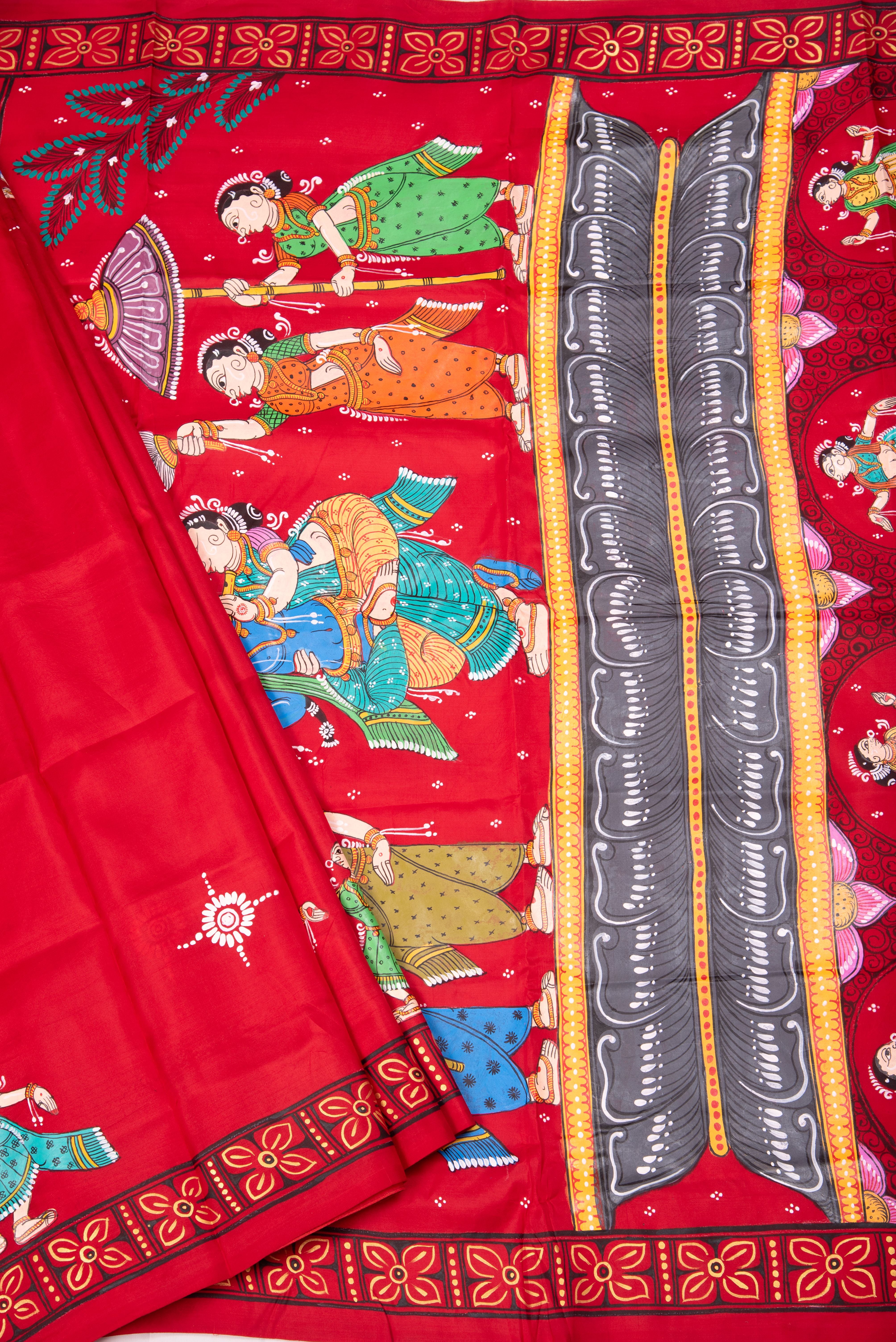 Pattachitra hand painted saree on pure silk - Radha Krishna Rasleela Theme