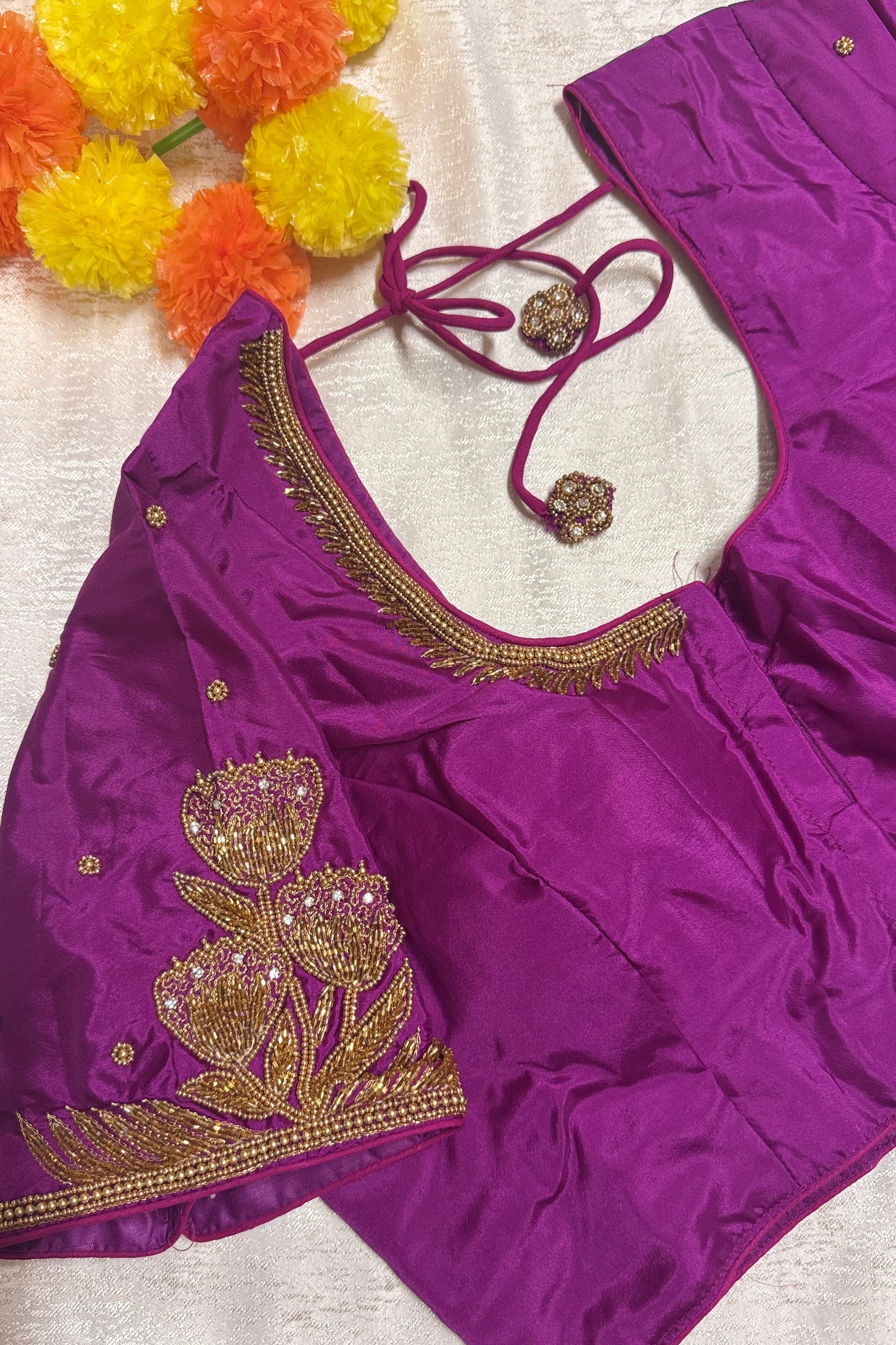 Maggam Work Readymade Padded Blouse front hooks with sleeves
