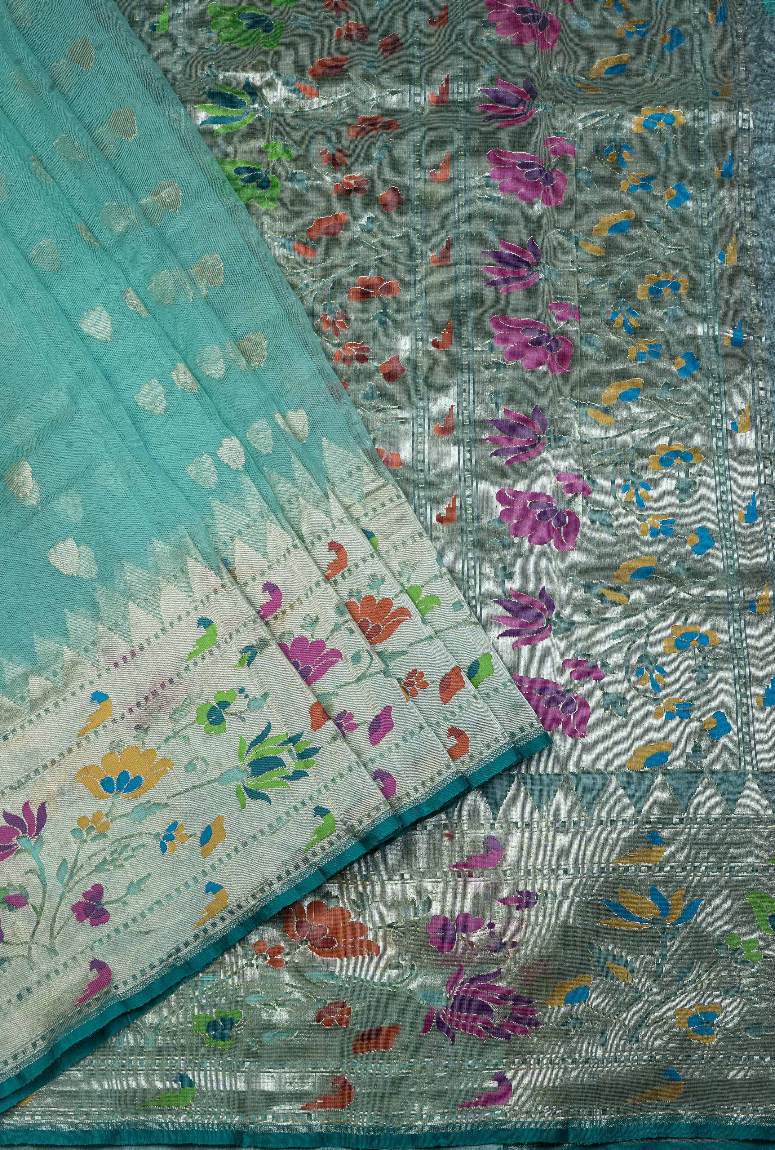 Banarasi Net Jamdani with Paithani border Saree - sea green