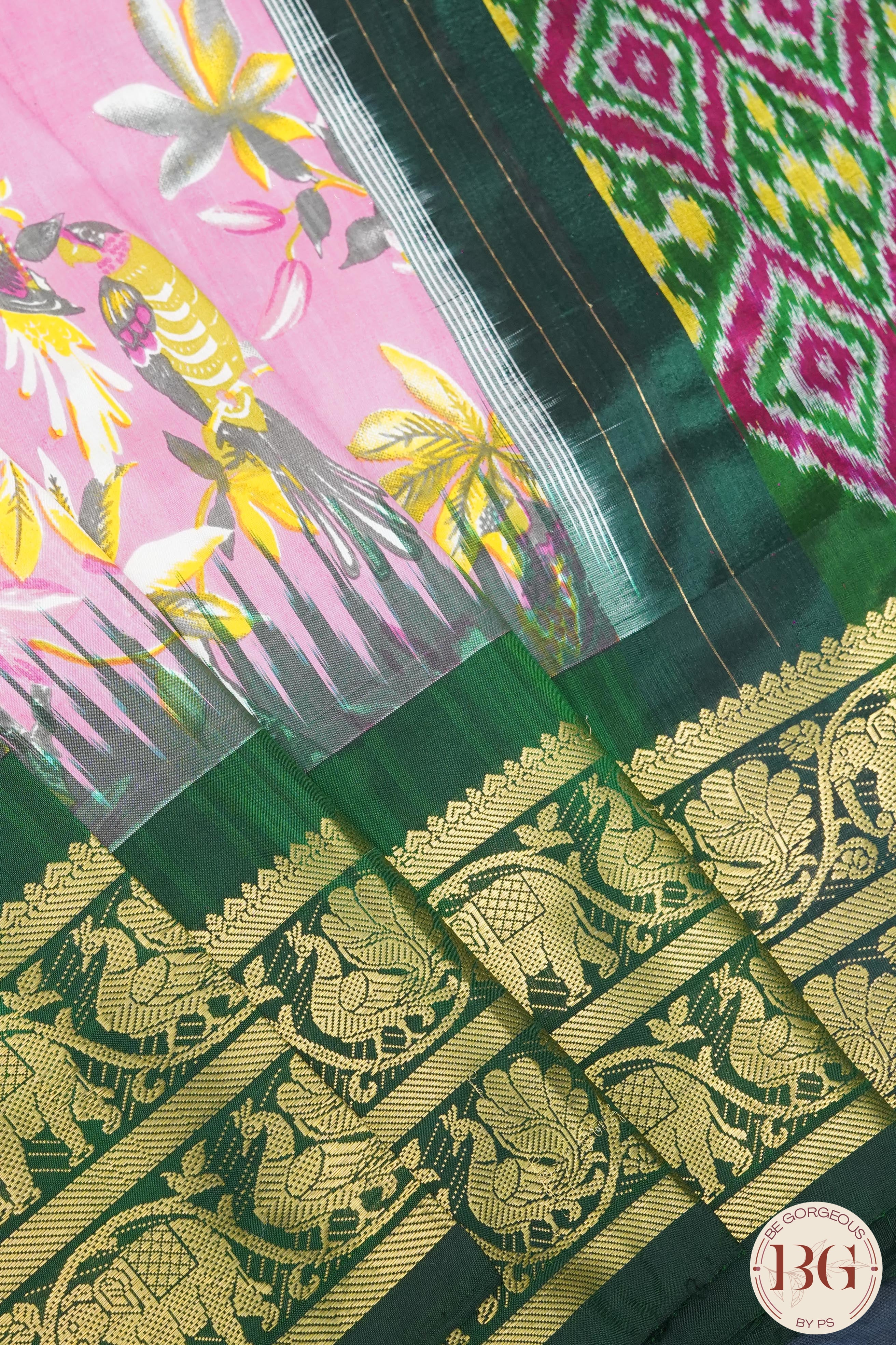 Ikkat Pure silk handloom saree with kalamkari - Pink & Green