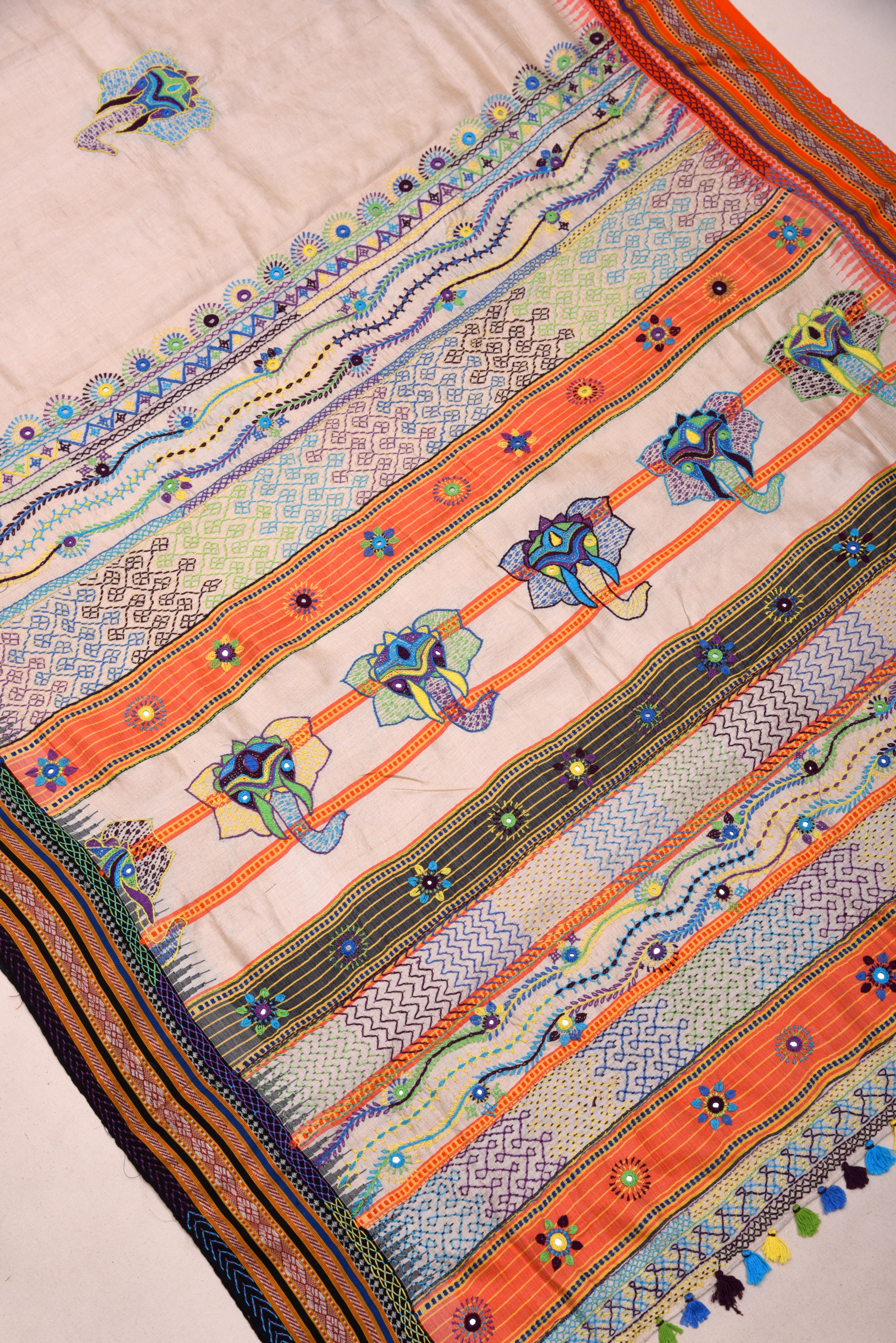 Lambani Hand Embroidered Vidharba Tussar Saree with elephant theme